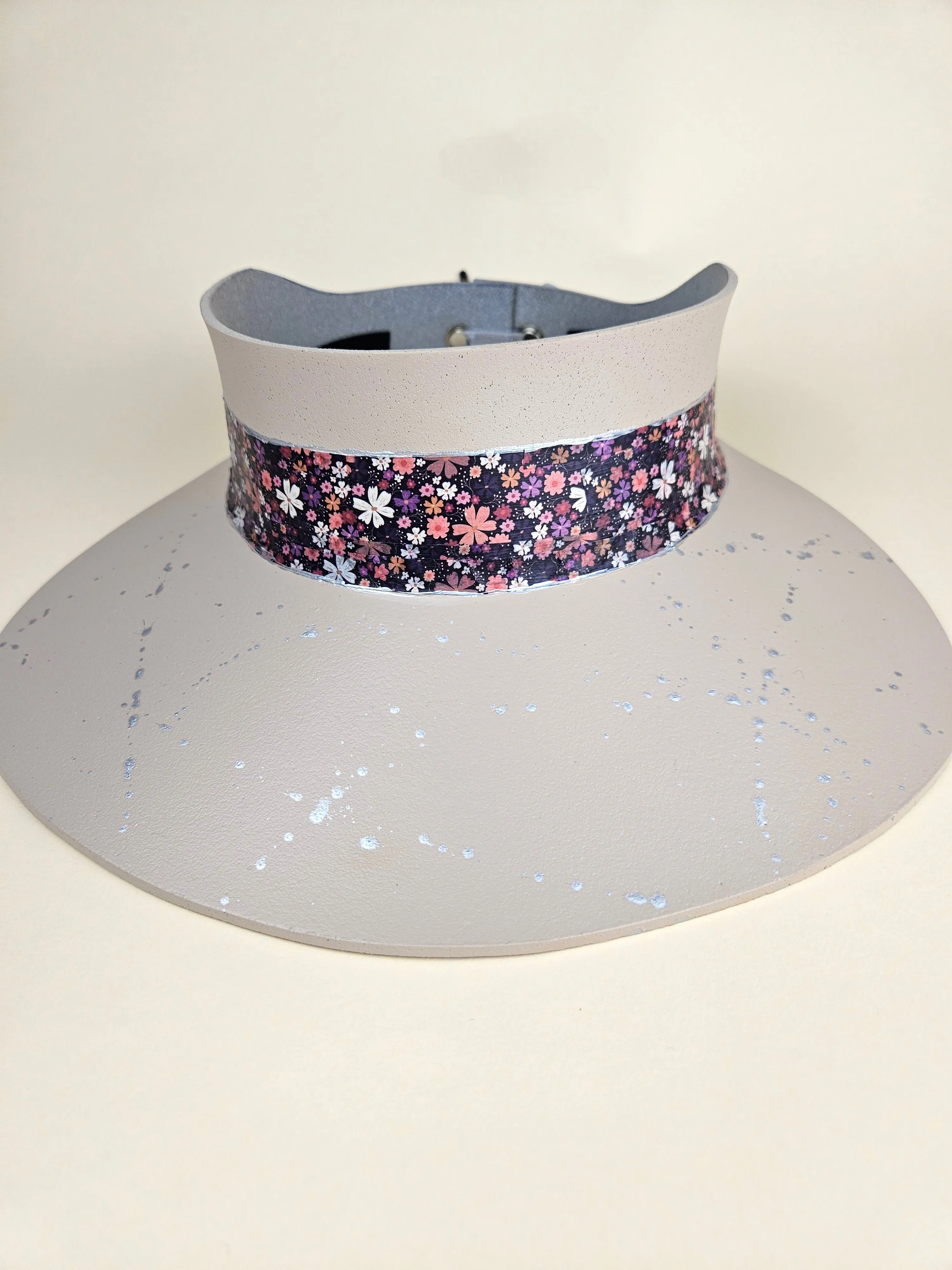 Peach Gray "LadyEVA" Visor Hat with Multicolor Pinks and Purple Floral Band and Silver Paint Splatter Effect