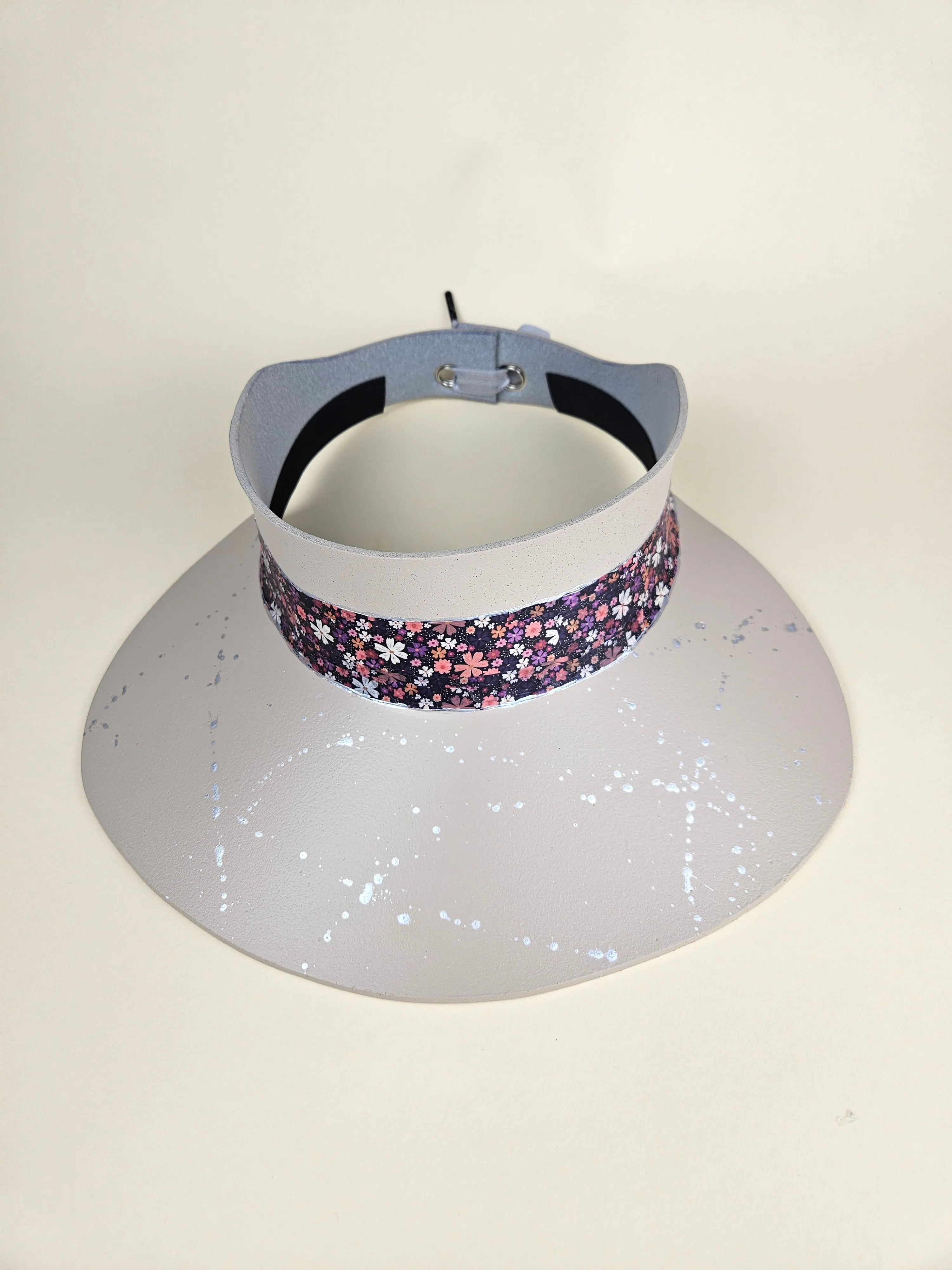 Peach Gray "LadyEVA" Visor Hat with Multicolor Pinks and Purple Floral Band and Silver Paint Splatter Effect