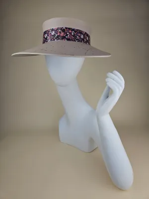 Peach Gray "LadyEVA" Visor Hat with Multicolor Pinks and Purple Floral Band and Silver Paint Splatter Effect