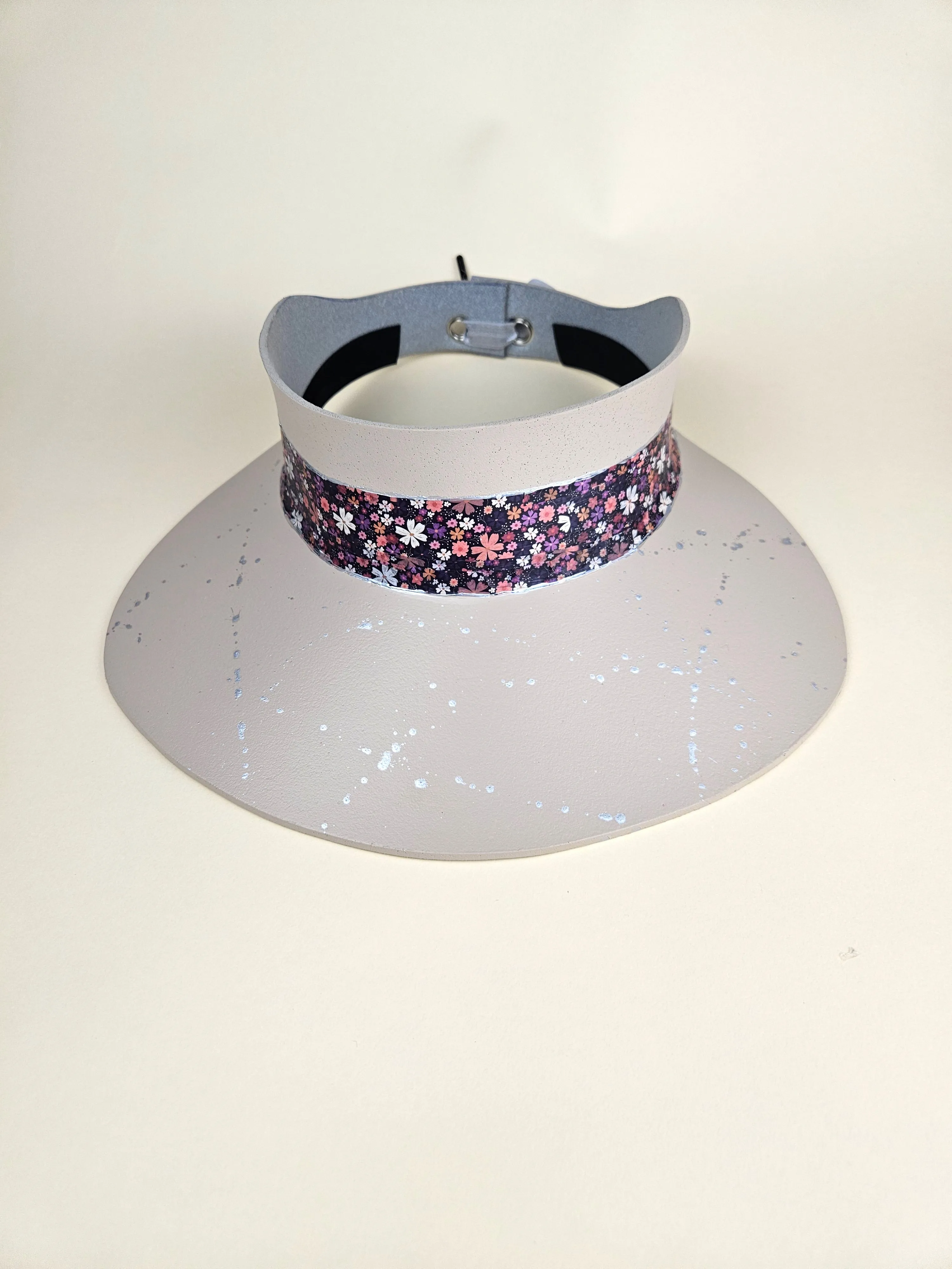 Peach Gray "LadyEVA" Visor Hat with Multicolor Pinks and Purple Floral Band and Silver Paint Splatter Effect