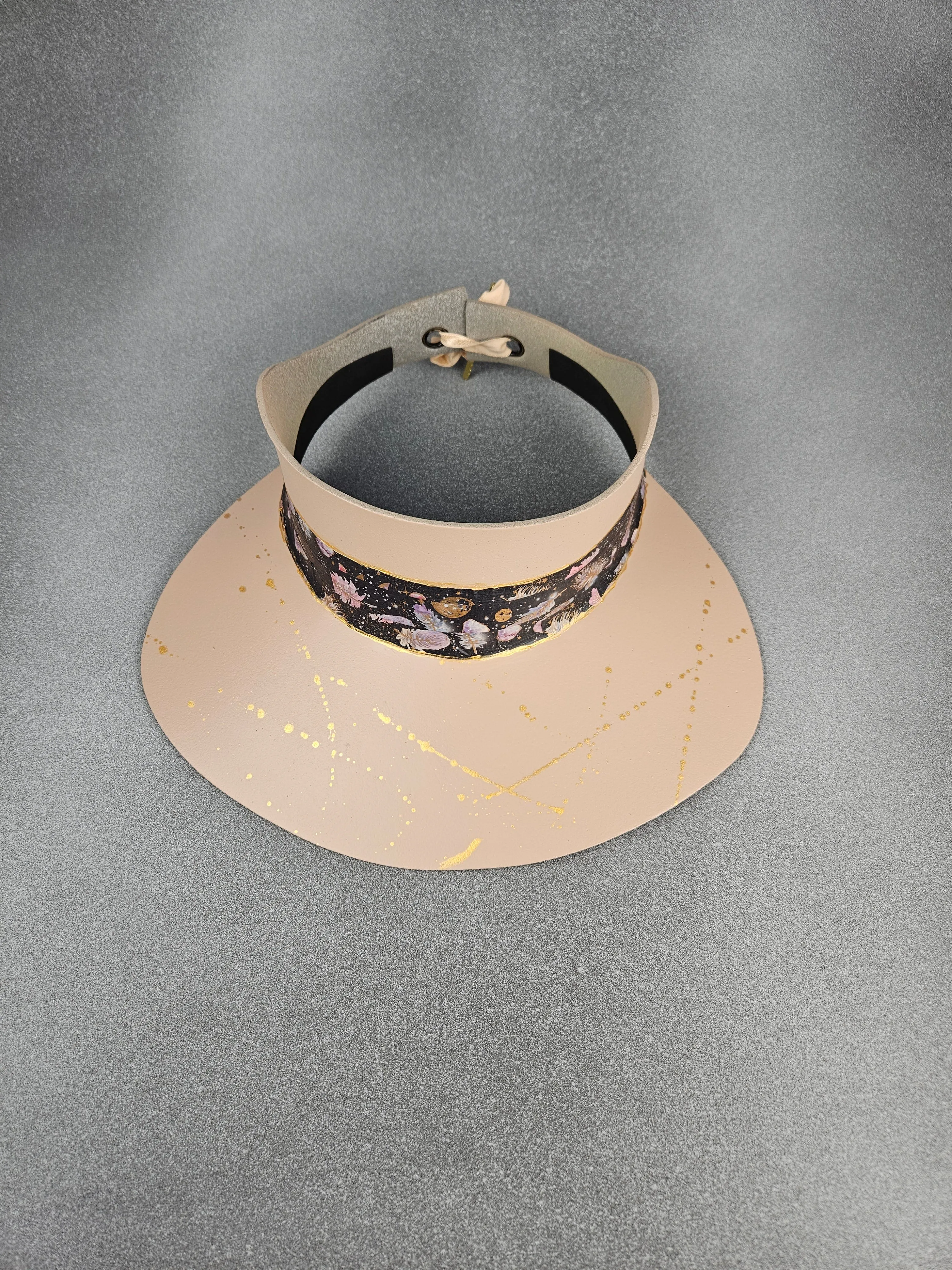 Peachy Beige "LadyEVA" Visor Hat with Black Feather and Galaxy Themed Collage Band and Gold Paint Splatter Effect