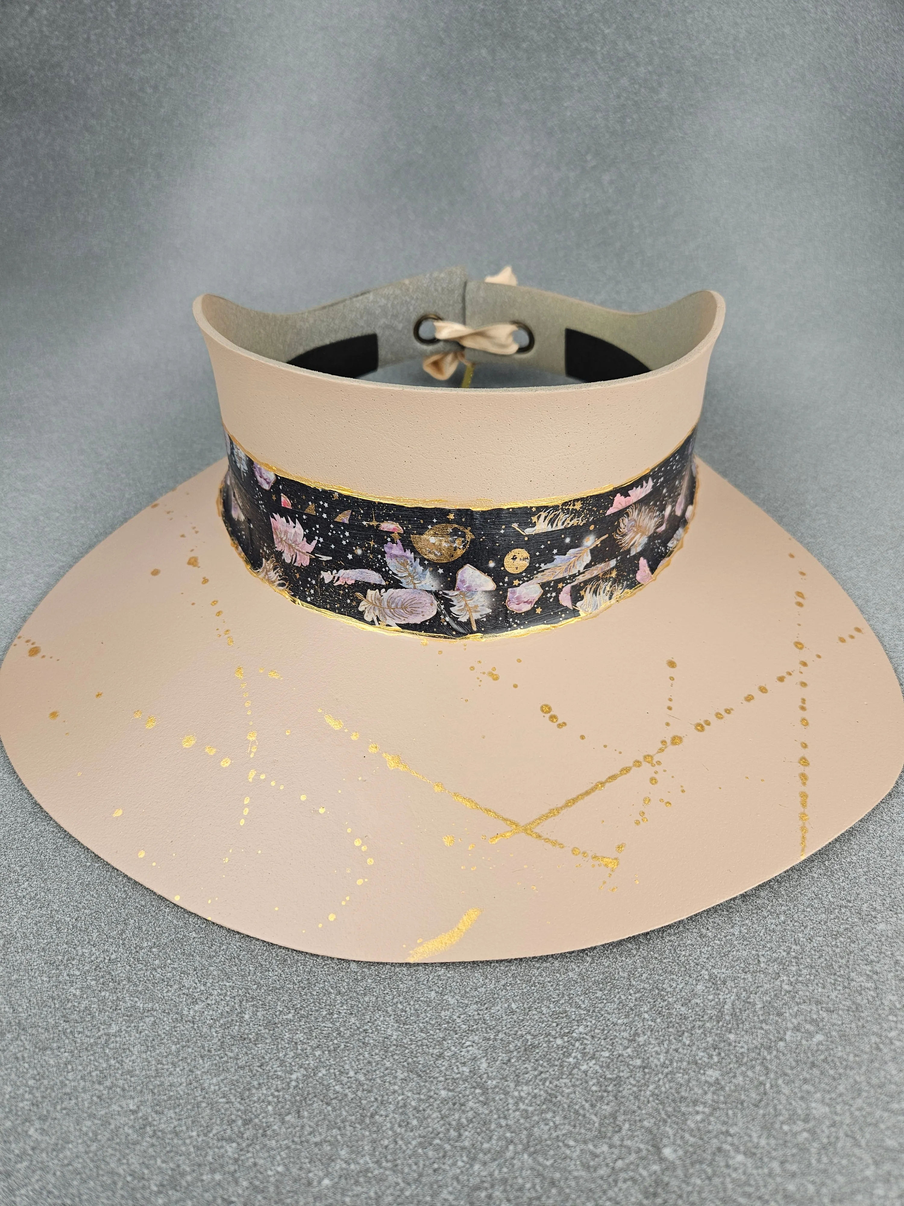 Peachy Beige "LadyEVA" Visor Hat with Black Feather and Galaxy Themed Collage Band and Gold Paint Splatter Effect