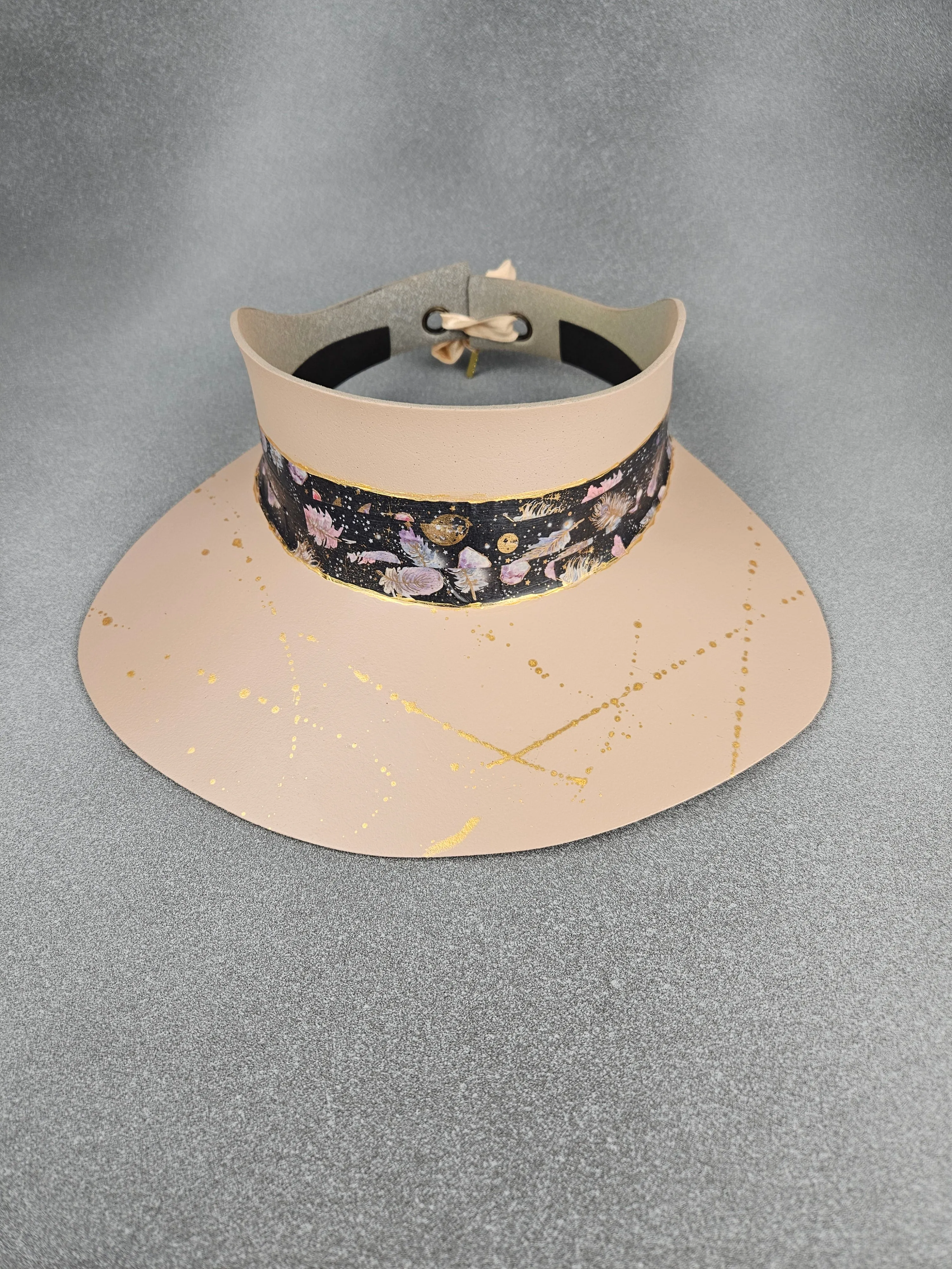 Peachy Beige "LadyEVA" Visor Hat with Black Feather and Galaxy Themed Collage Band and Gold Paint Splatter Effect