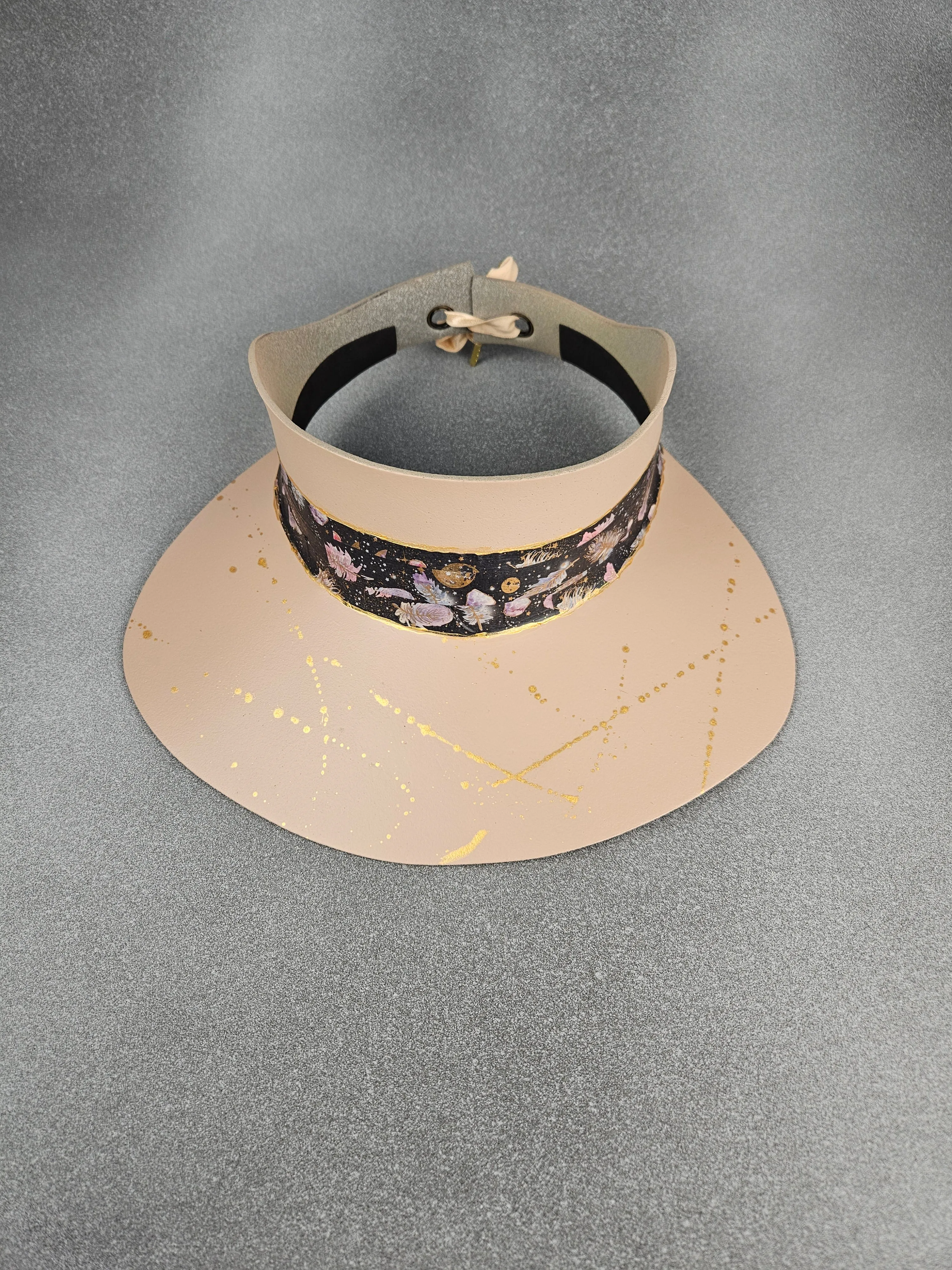 Peachy Beige "LadyEVA" Visor Hat with Black Feather and Galaxy Themed Collage Band and Gold Paint Splatter Effect