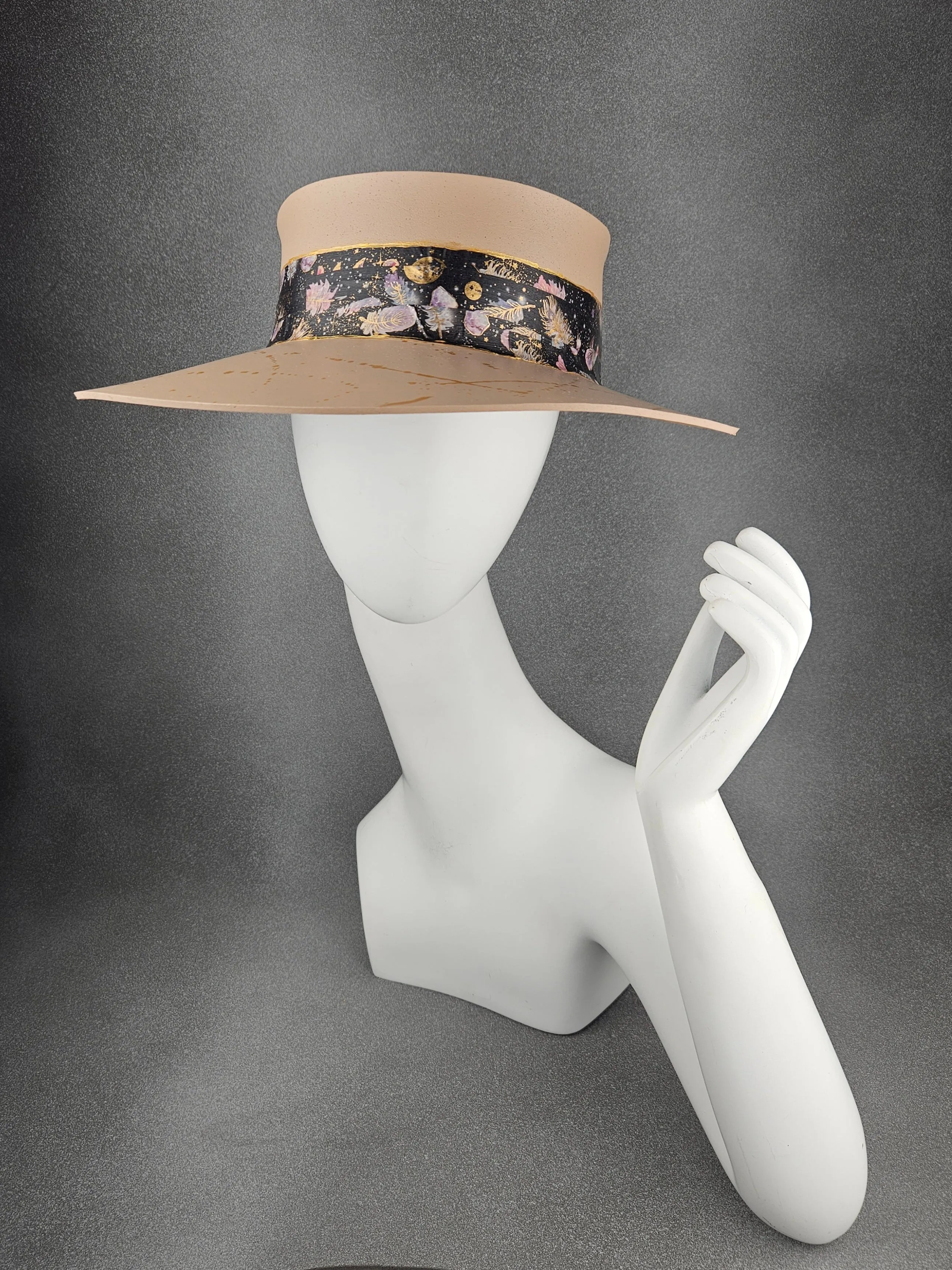 Peachy Beige "LadyEVA" Visor Hat with Black Feather and Galaxy Themed Collage Band and Gold Paint Splatter Effect