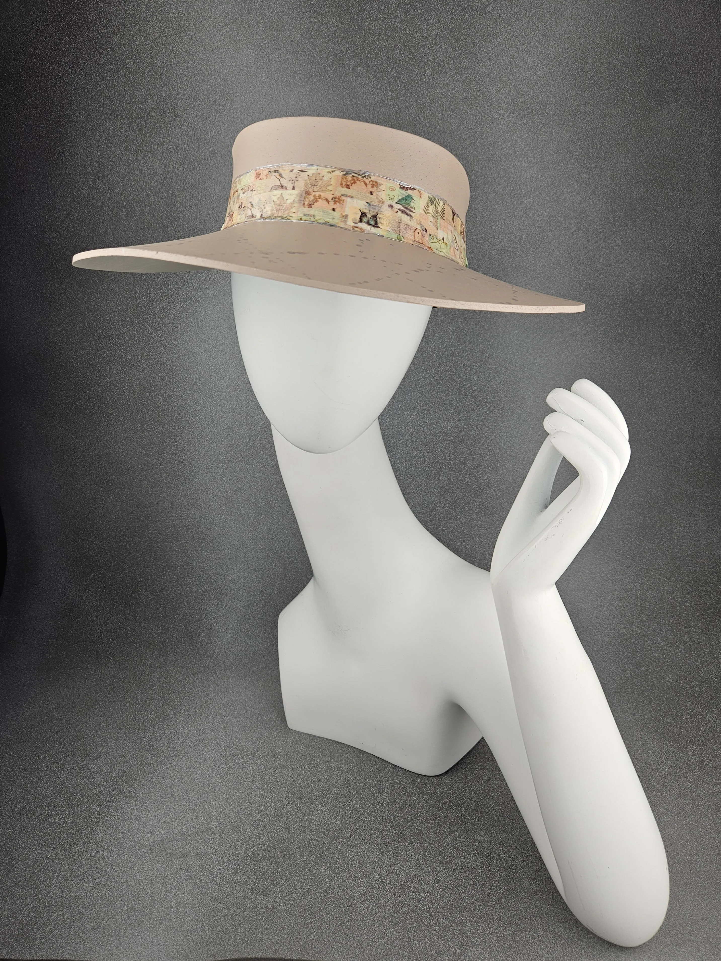 Peachy Beige "LadyEVA" Visor Hat with Botanical Collage Band and Silver Paint Splatter Effect