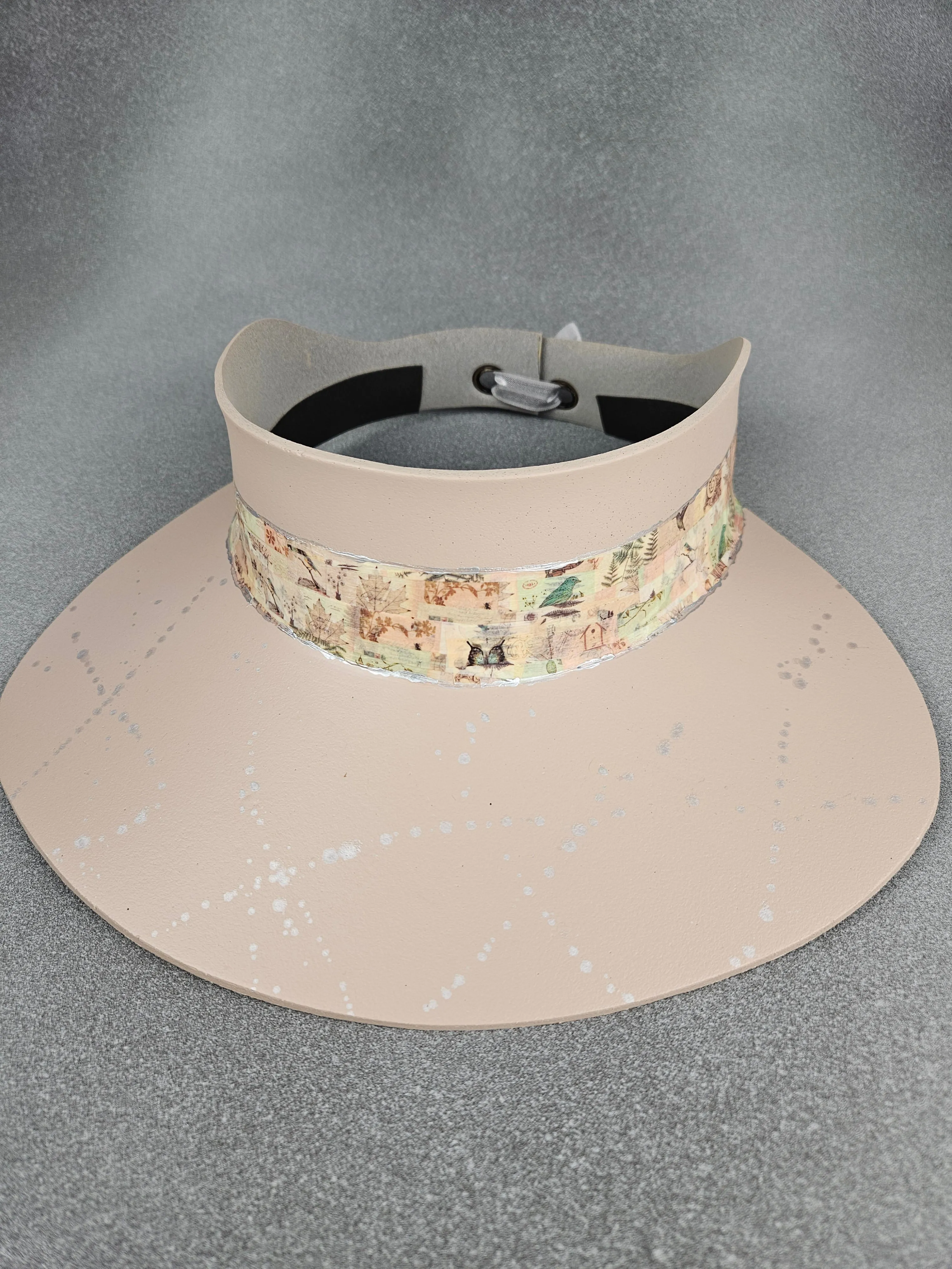 Peachy Beige "LadyEVA" Visor Hat with Botanical Collage Band and Silver Paint Splatter Effect