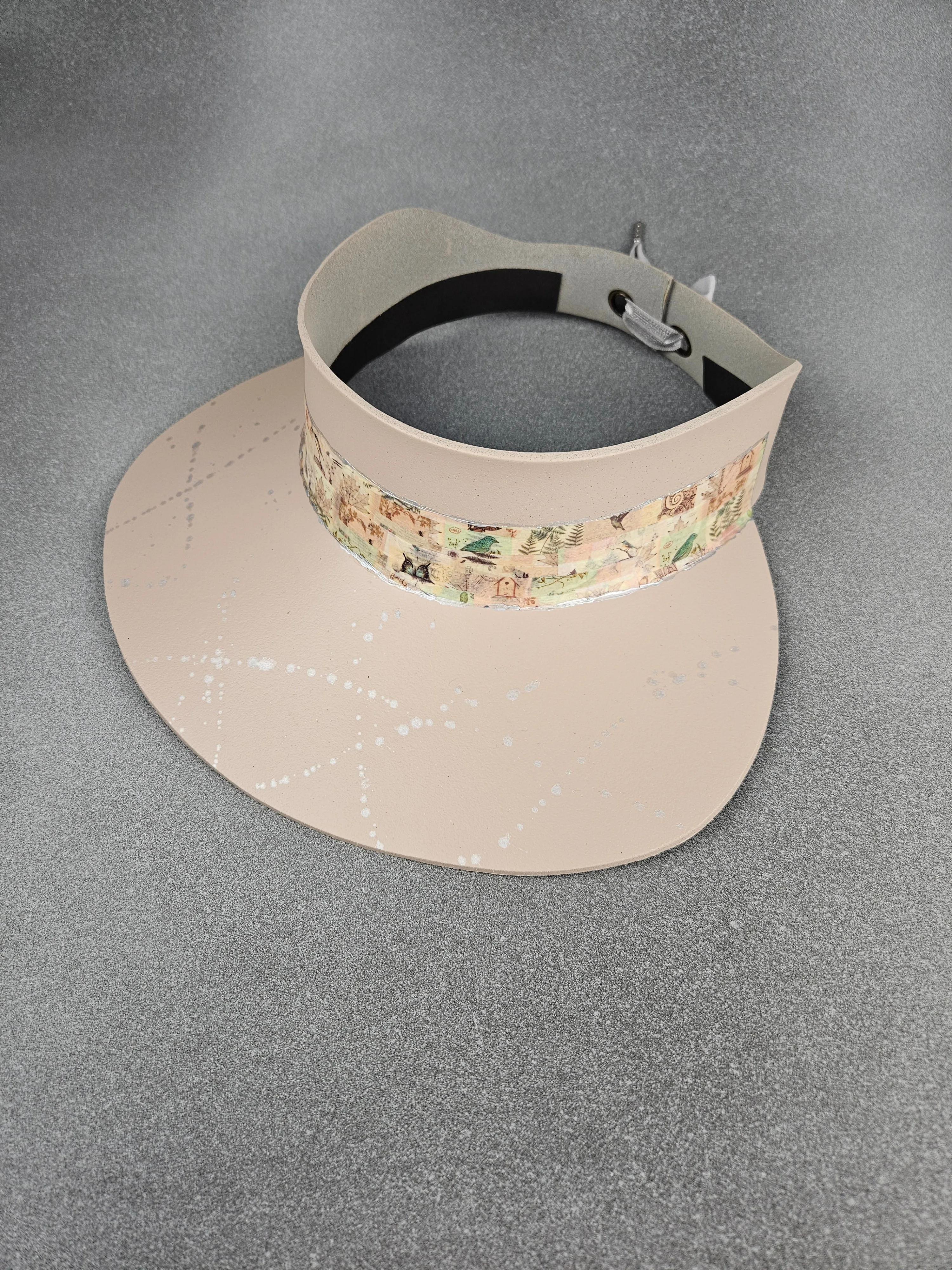 Peachy Beige "LadyEVA" Visor Hat with Botanical Collage Band and Silver Paint Splatter Effect