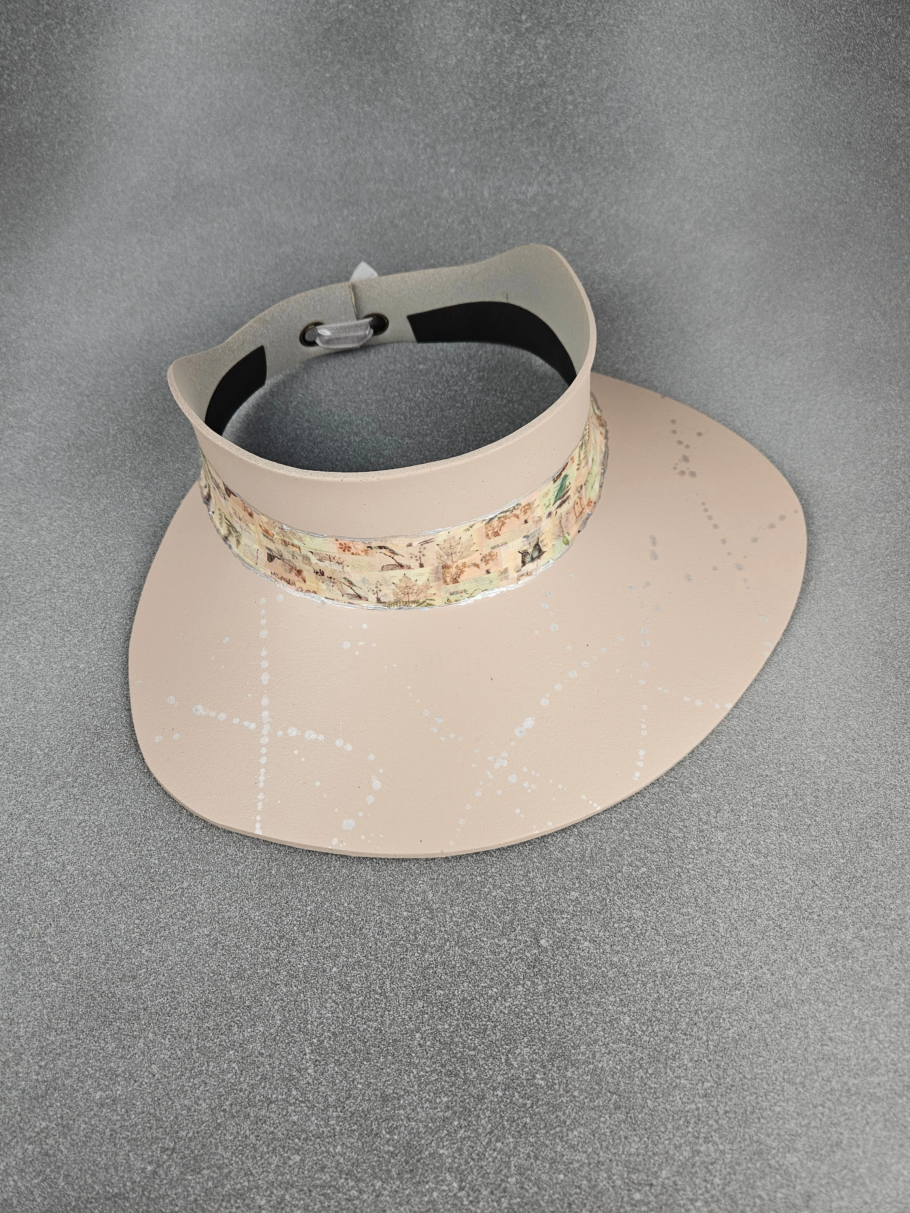 Peachy Beige "LadyEVA" Visor Hat with Botanical Collage Band and Silver Paint Splatter Effect