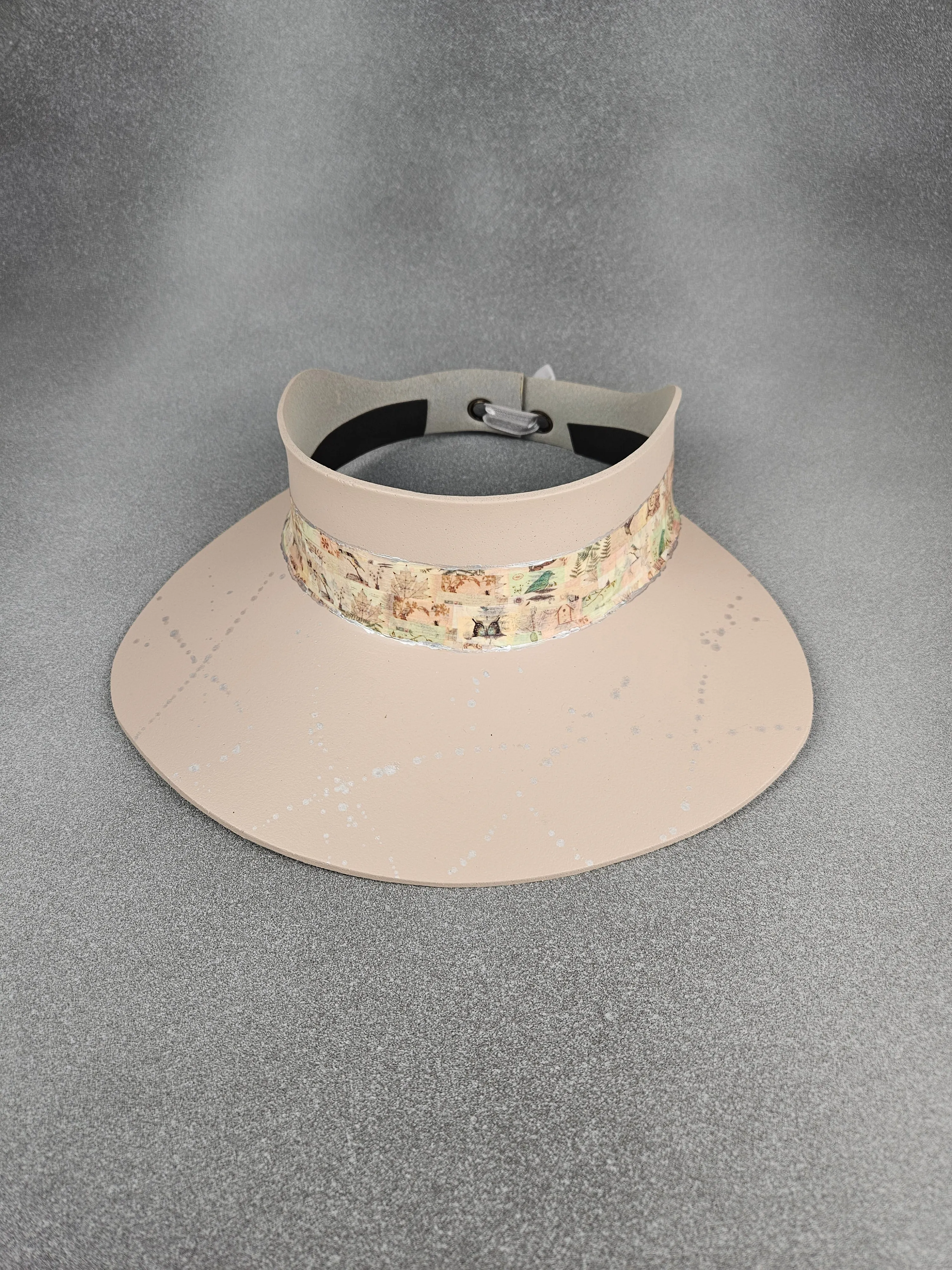 Peachy Beige "LadyEVA" Visor Hat with Botanical Collage Band and Silver Paint Splatter Effect