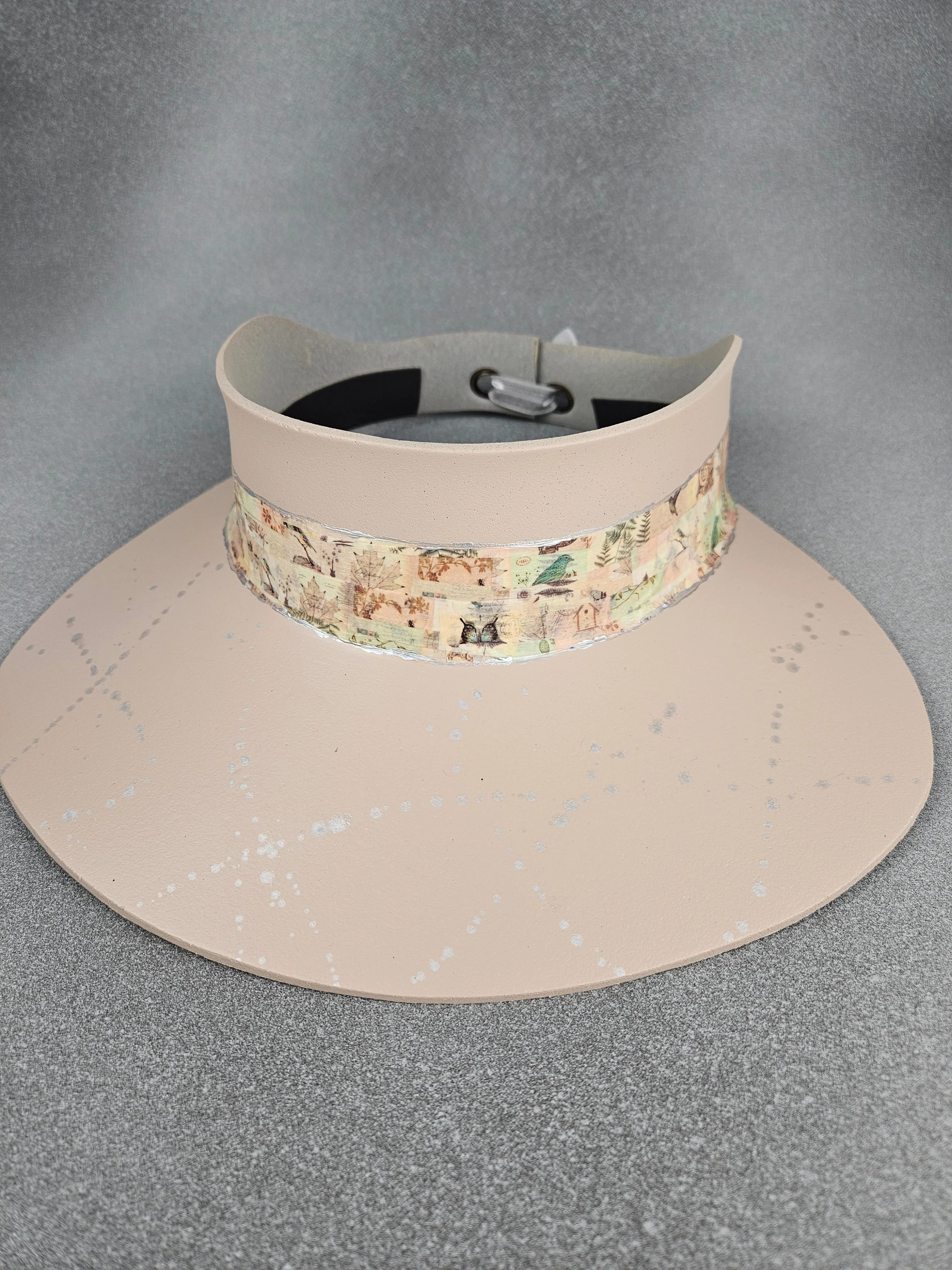 Peachy Beige "LadyEVA" Visor Hat with Botanical Collage Band and Silver Paint Splatter Effect