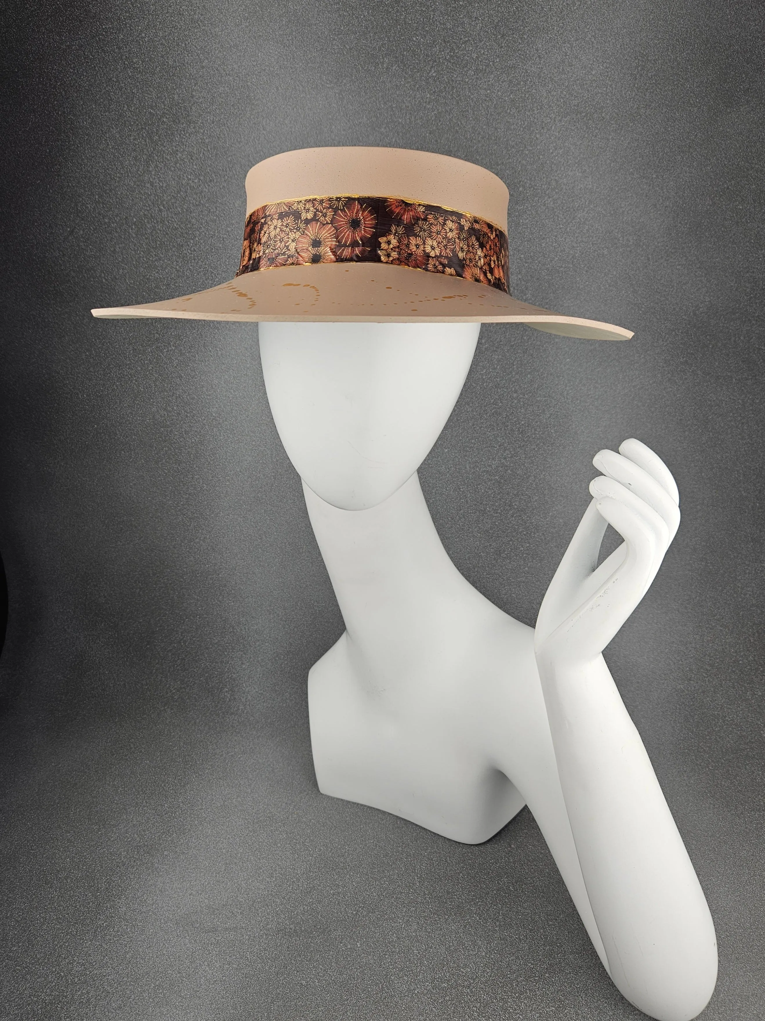 Peachy Beige "LadyEVA" Visor Hat with Brown Floral Band and Golden Paint Splatter Effect