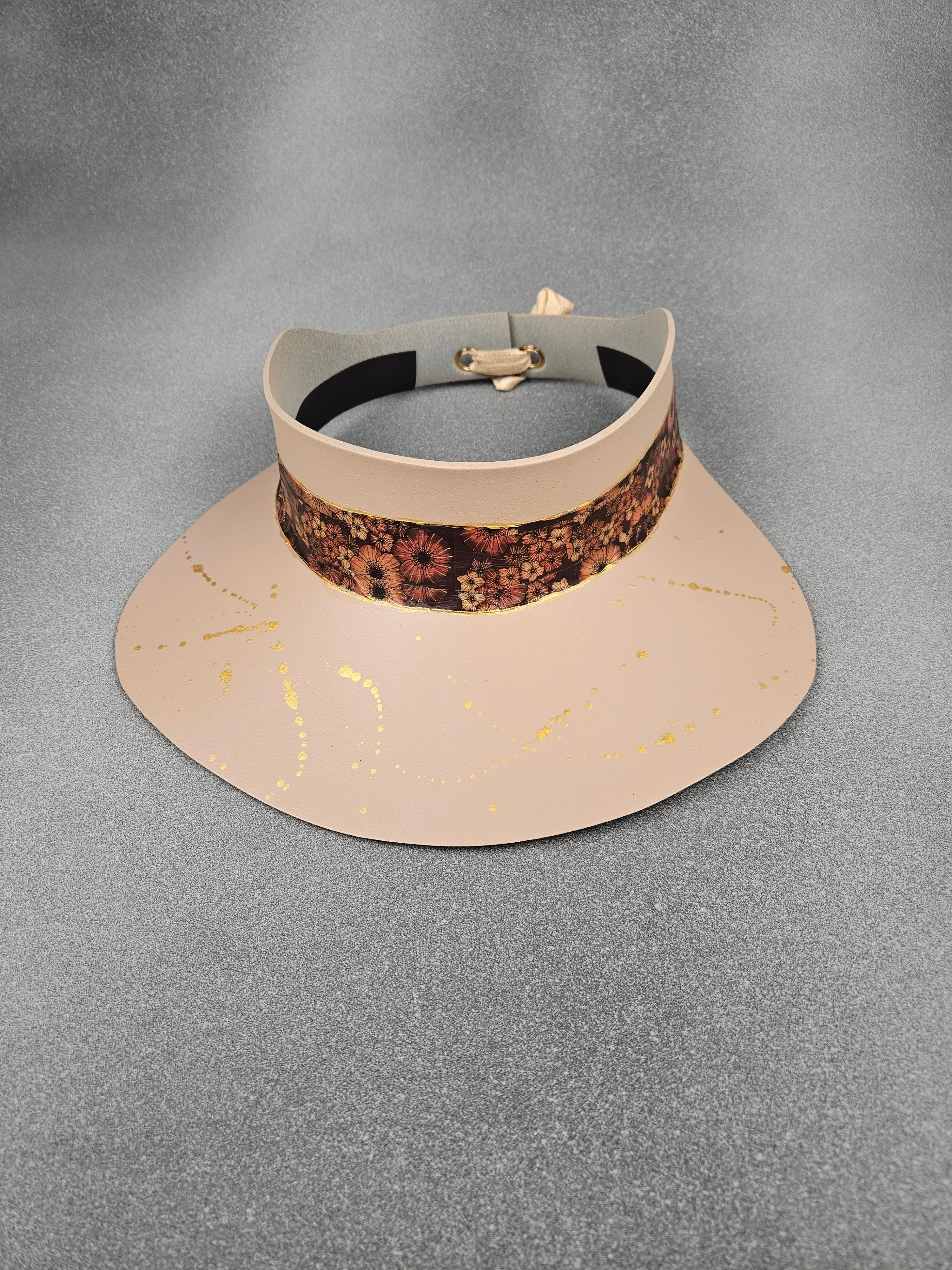 Peachy Beige "LadyEVA" Visor Hat with Brown Floral Band and Golden Paint Splatter Effect