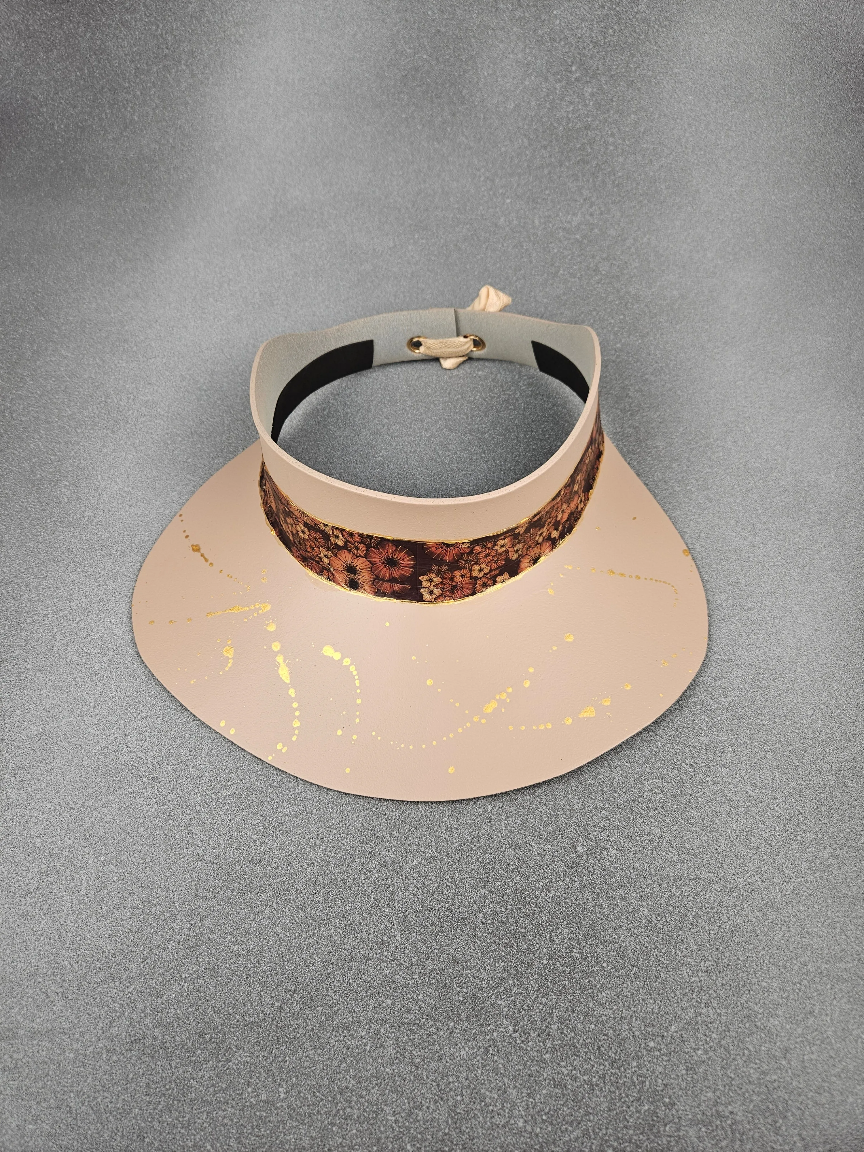 Peachy Beige "LadyEVA" Visor Hat with Brown Floral Band and Golden Paint Splatter Effect