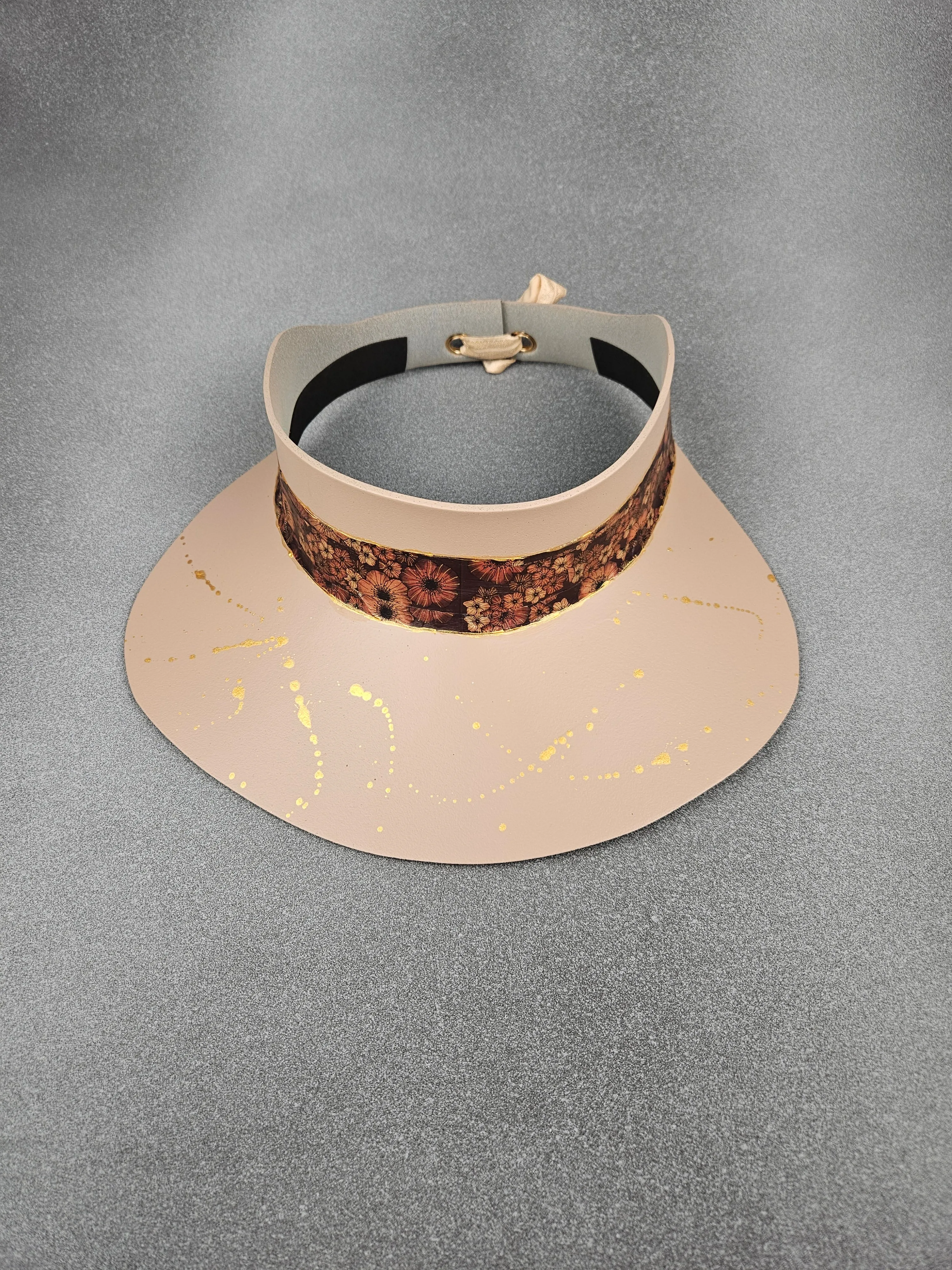 Peachy Beige "LadyEVA" Visor Hat with Brown Floral Band and Golden Paint Splatter Effect