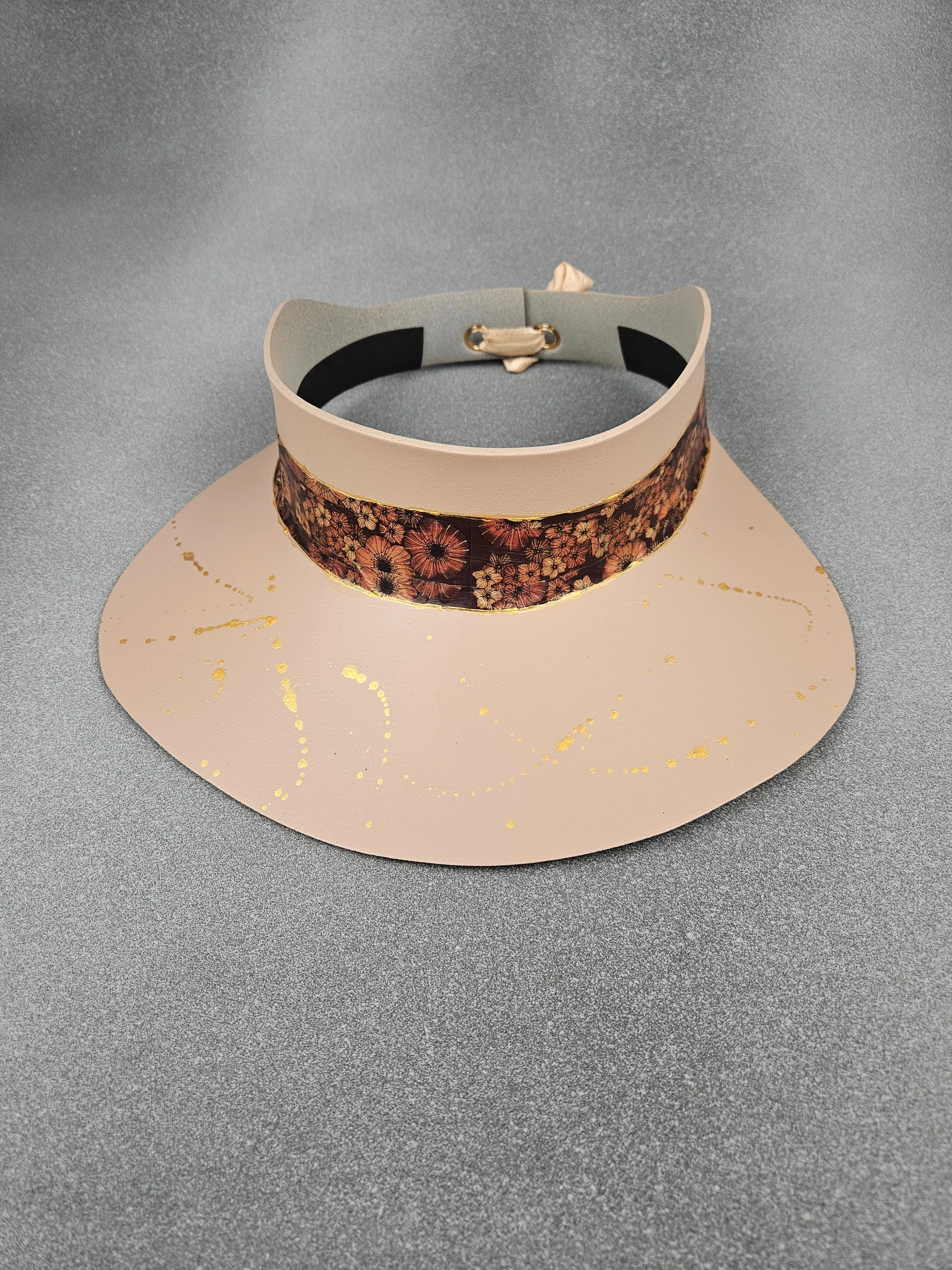 Peachy Beige "LadyEVA" Visor Hat with Brown Floral Band and Golden Paint Splatter Effect