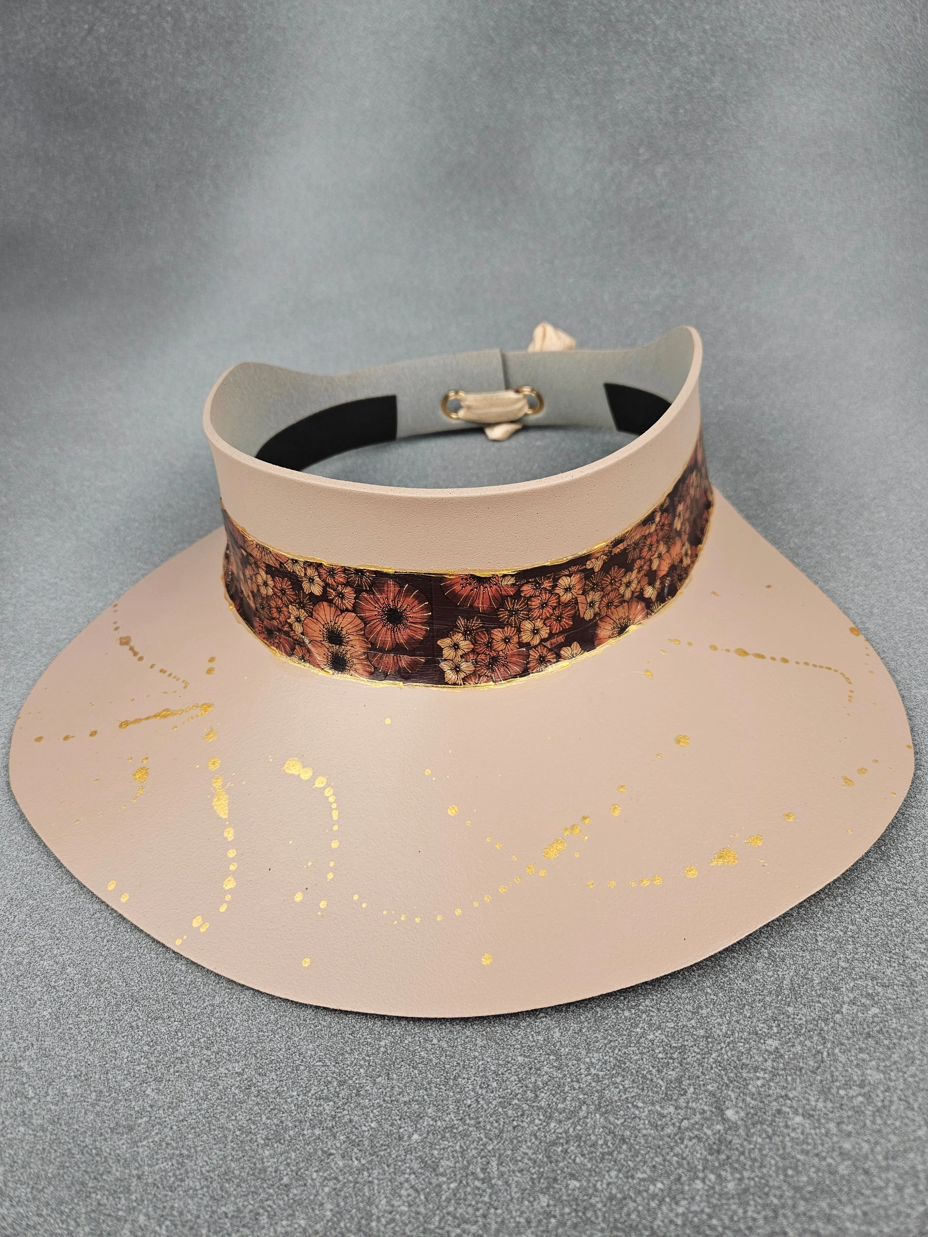 Peachy Beige "LadyEVA" Visor Hat with Brown Floral Band and Golden Paint Splatter Effect