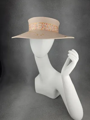 Peachy Beige "LadyEVA" Visor Hat with Delicate Multicolor Floral Band and Golden Paint Splatter Effect