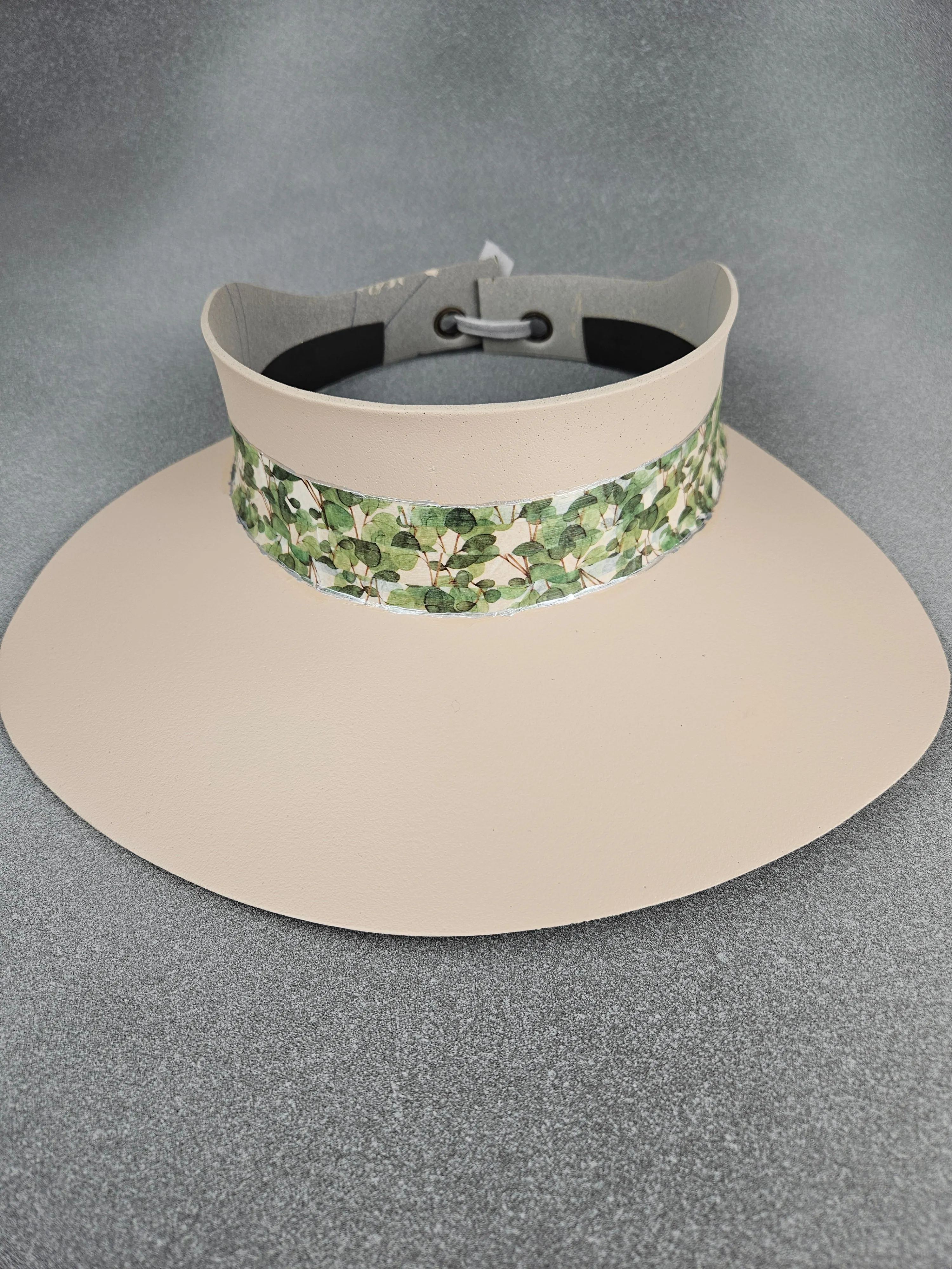 Peachy Beige "LadyEVA" Visor Hat with Green Botanical Leafy Band