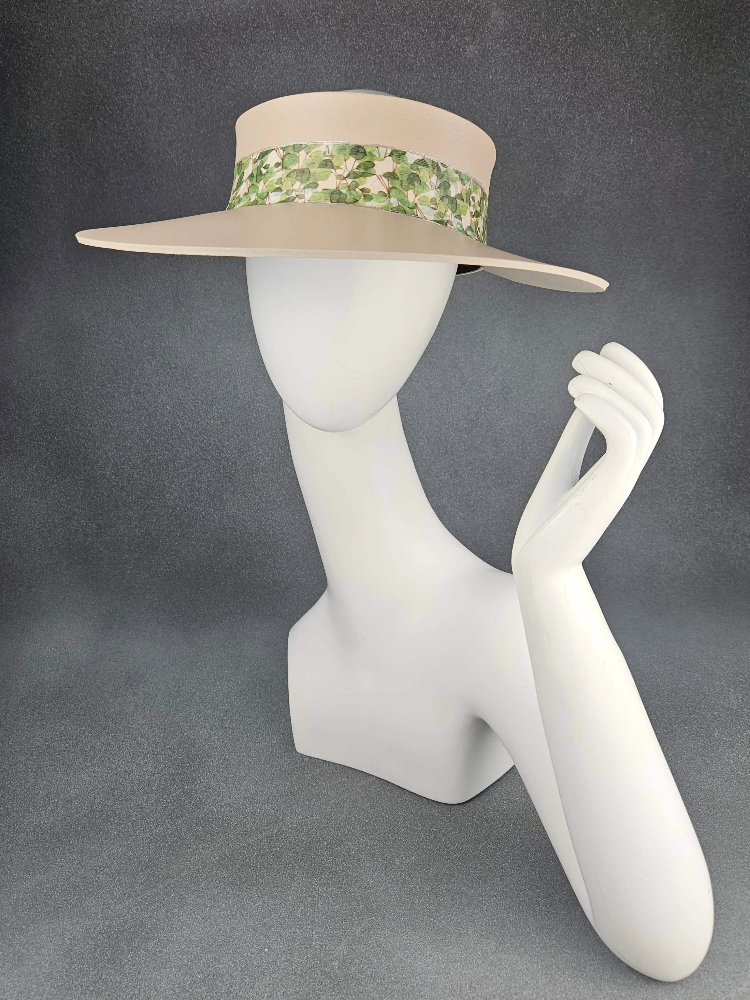 Peachy Beige "LadyEVA" Visor Hat with Green Botanical Leafy Band