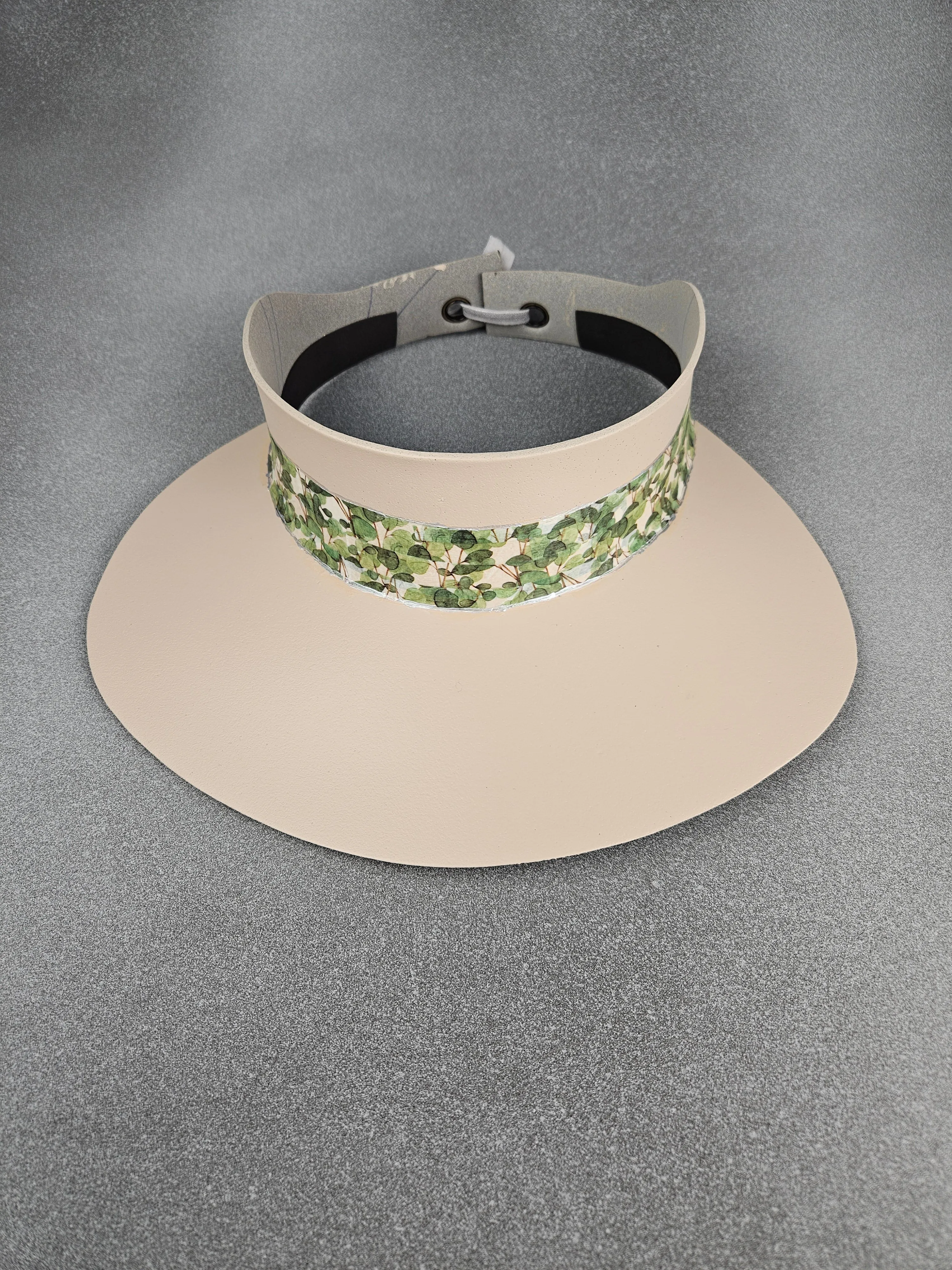 Peachy Beige "LadyEVA" Visor Hat with Green Botanical Leafy Band