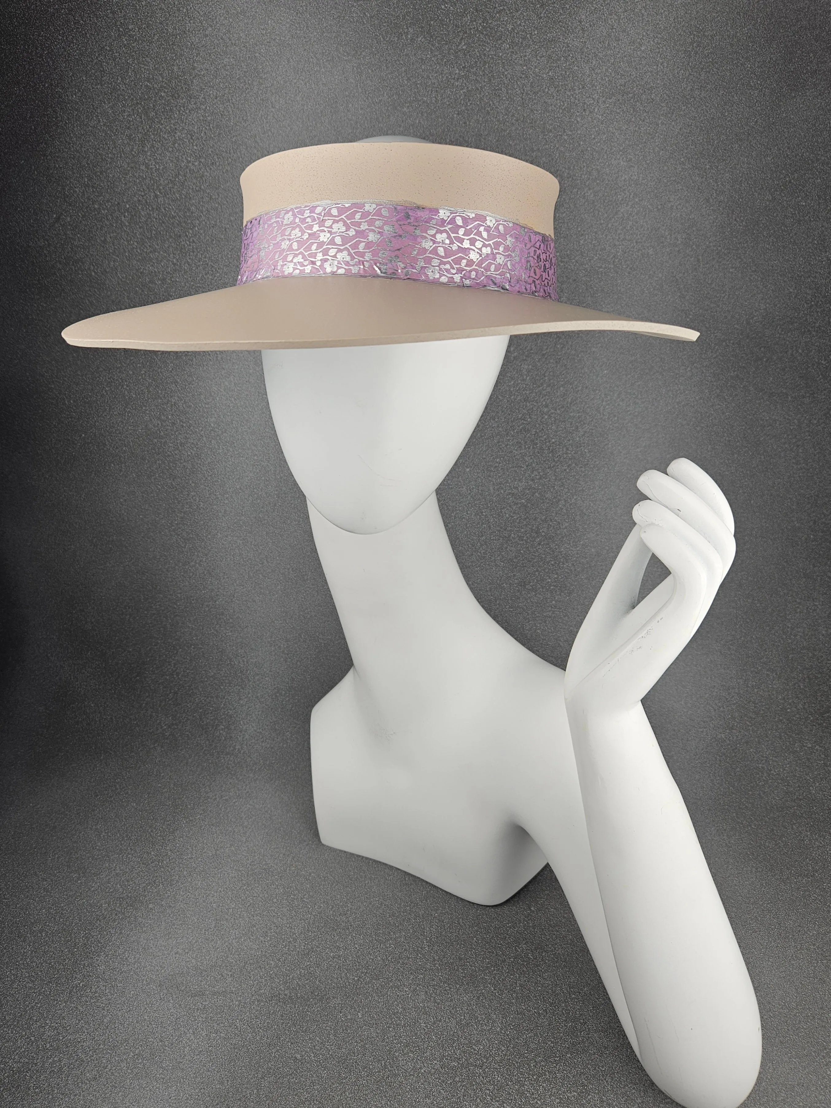 Peachy Beige "LadyEVA" Visor Hat with Lavender and Silver Floral Band