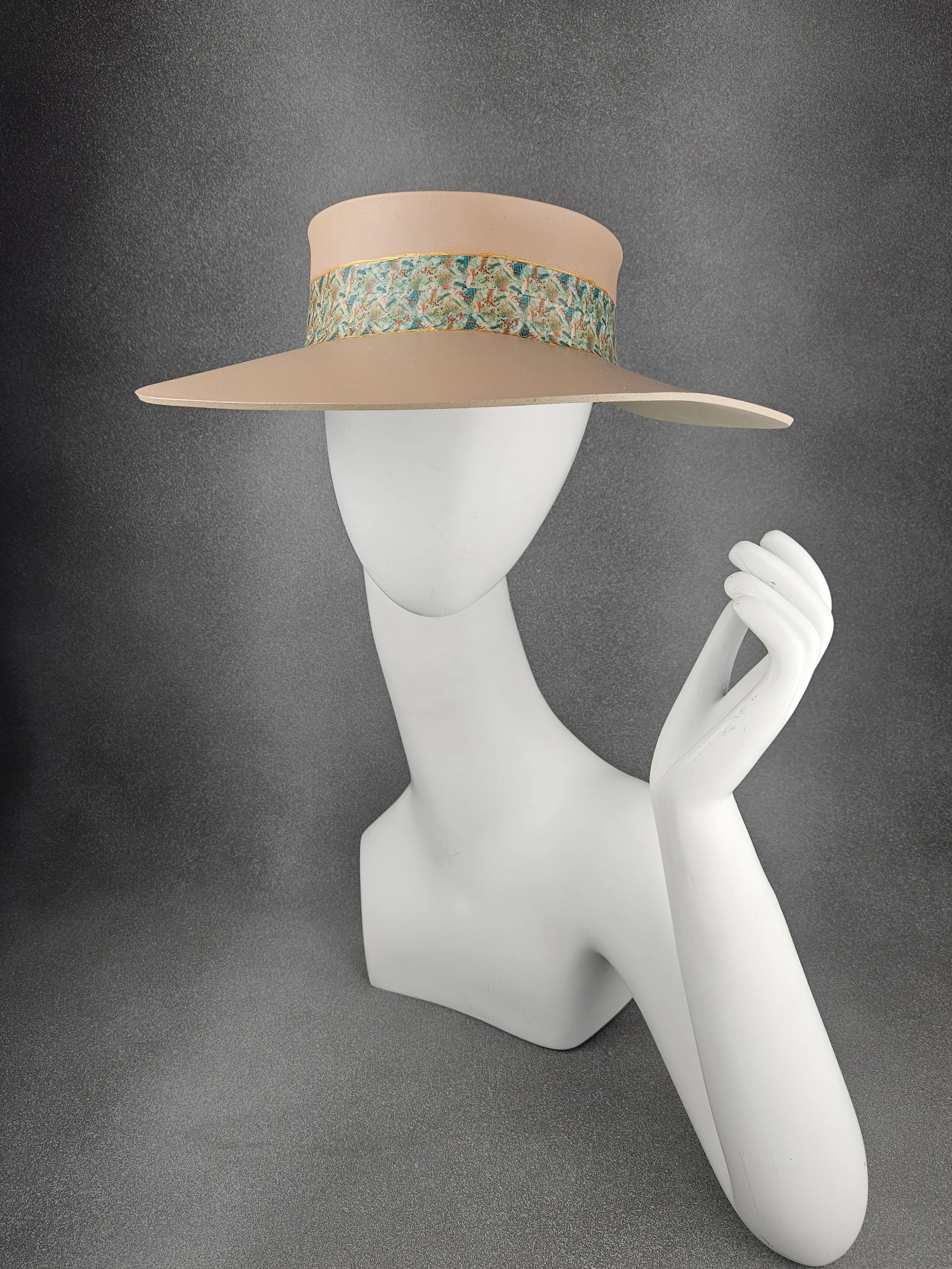 Peachy Beige "LadyEVA" Visor Hat with Lovely Teal Green Floral Band