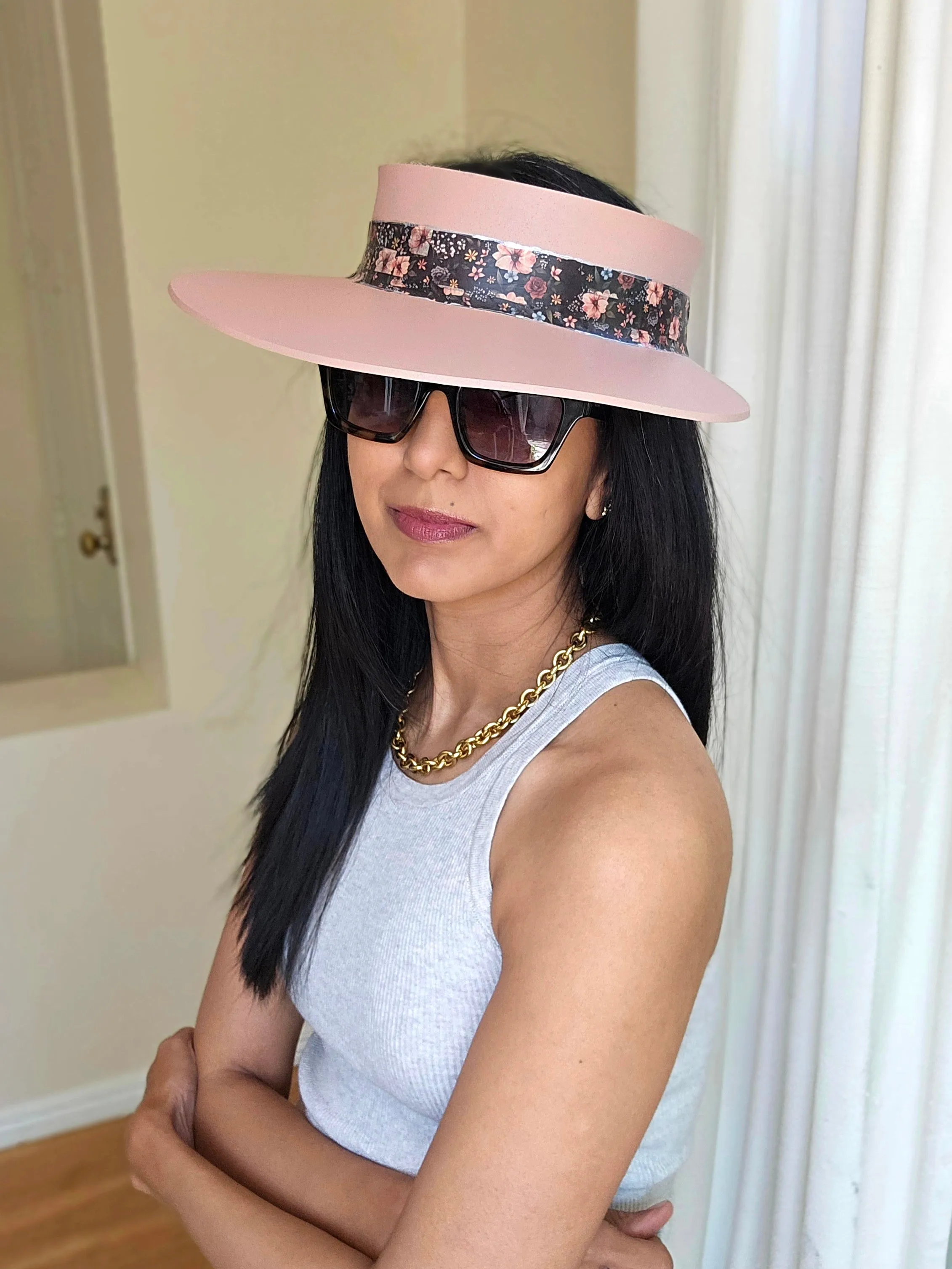 Peachy Pink "LadyEVA" Visor Hat with Elegant Dark Floral Band