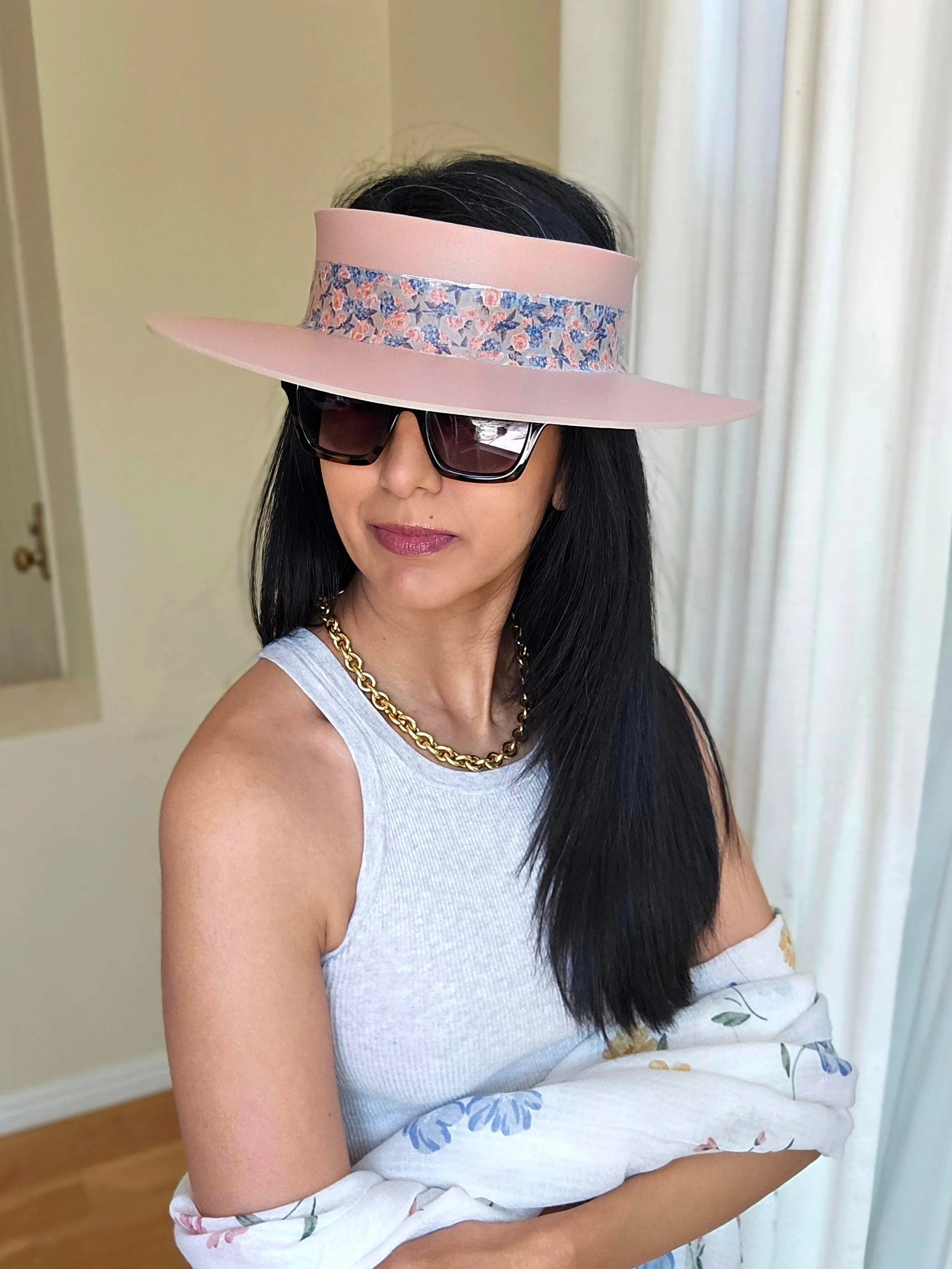 Peachy Pink "LadyEVA" Visor Hat with Floral Band