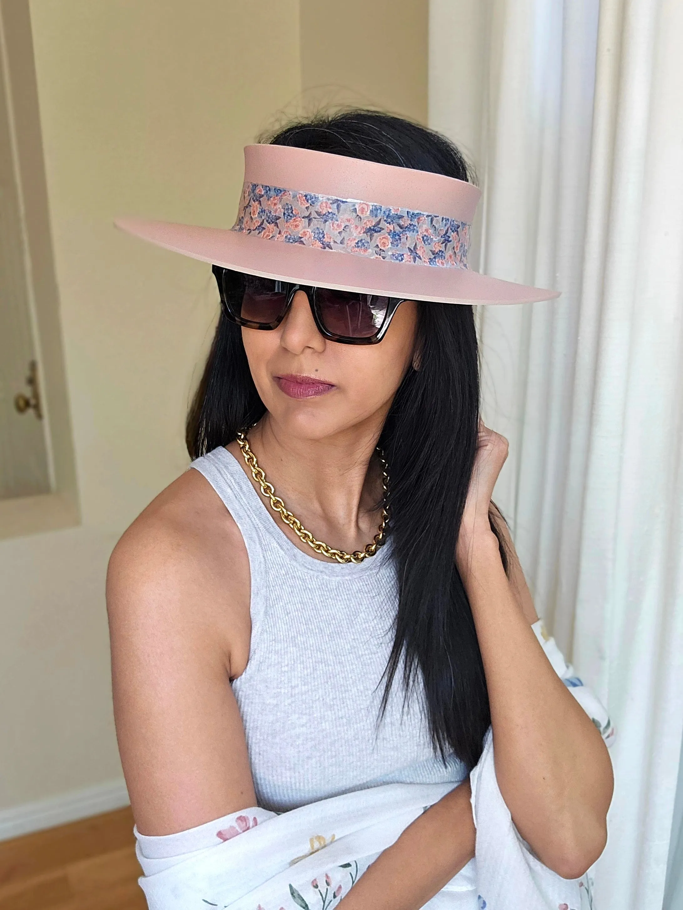 Peachy Pink "LadyEVA" Visor Hat with Floral Band