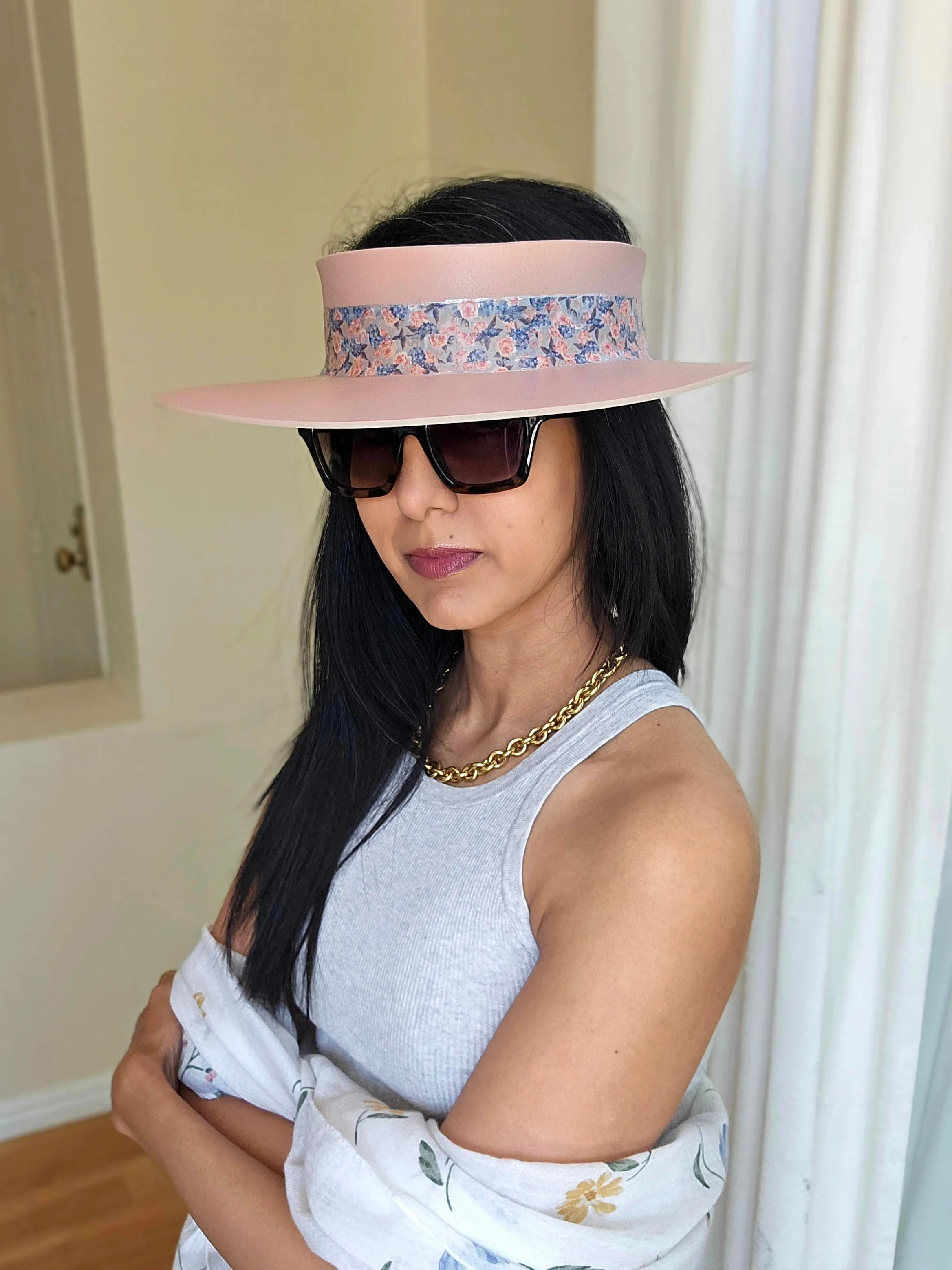 Peachy Pink "LadyEVA" Visor Hat with Floral Band