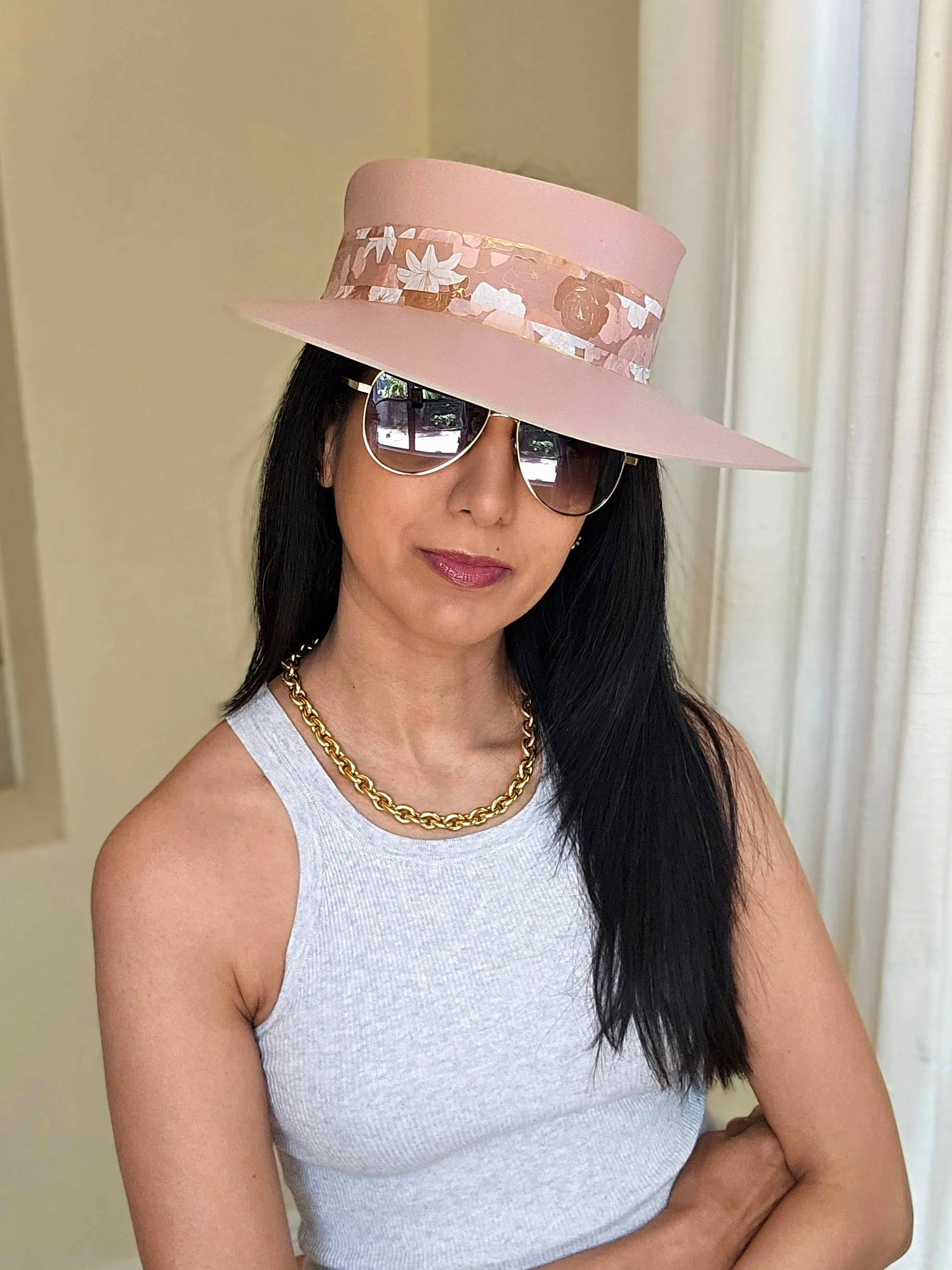 Peachy Pink "LadyEVA" Visor Hat with Graphic Floral Band