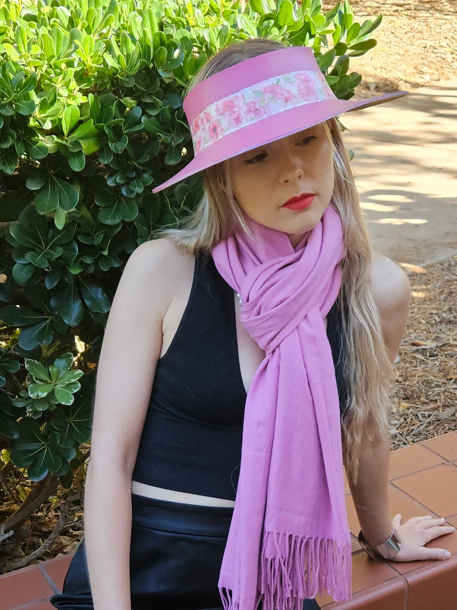 Pink "LadyEVA" Visor Hat with Bright Pink Floral Band