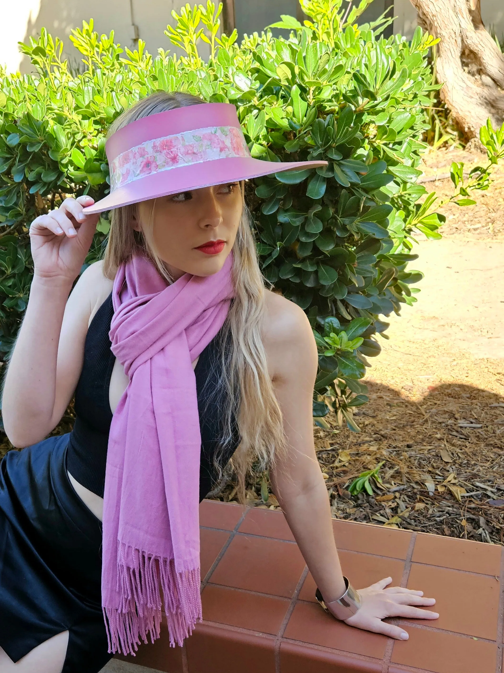 Pink "LadyEVA" Visor Hat with Bright Pink Floral Band