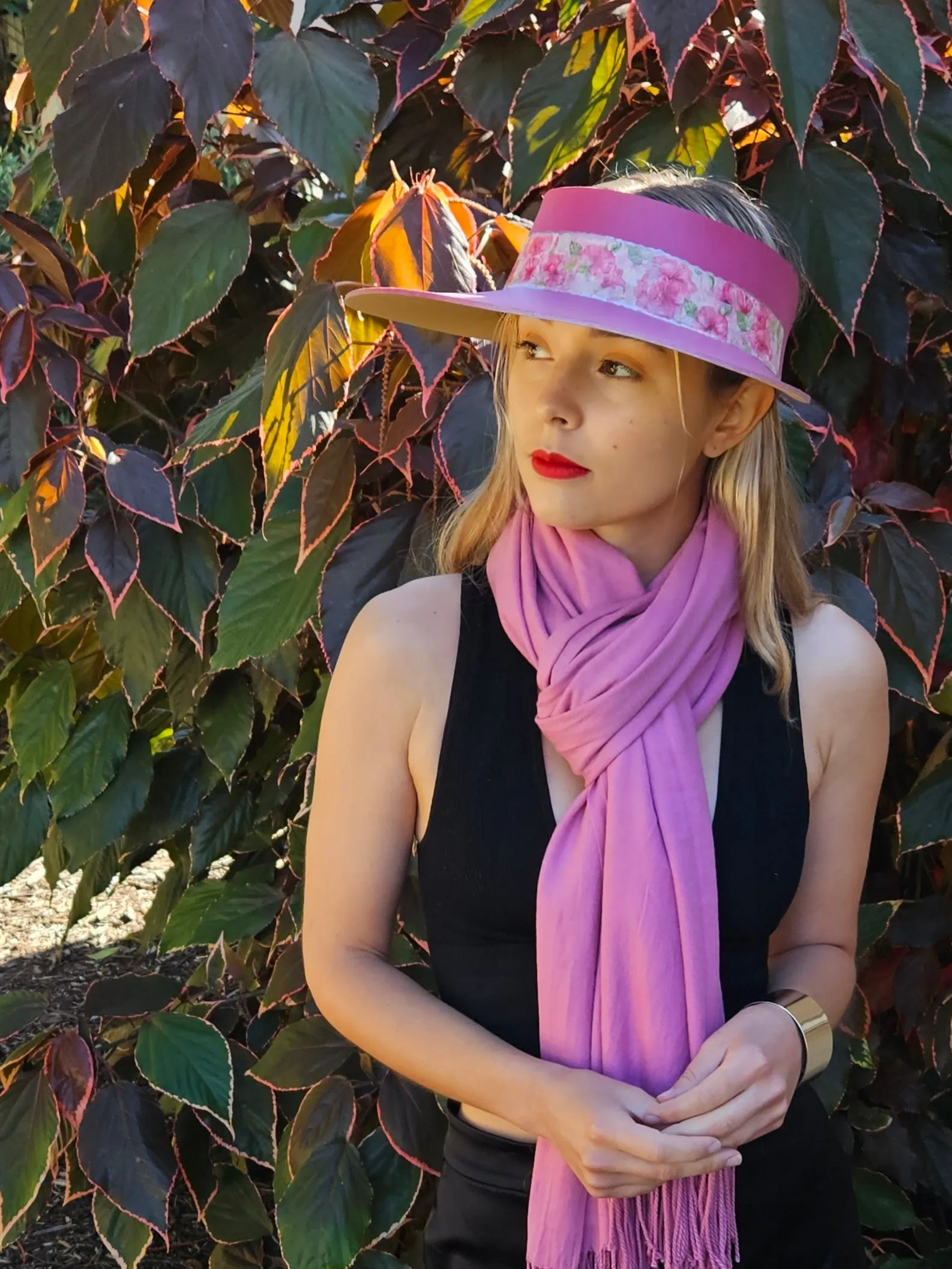 Pink "LadyEVA" Visor Hat with Bright Pink Floral Band