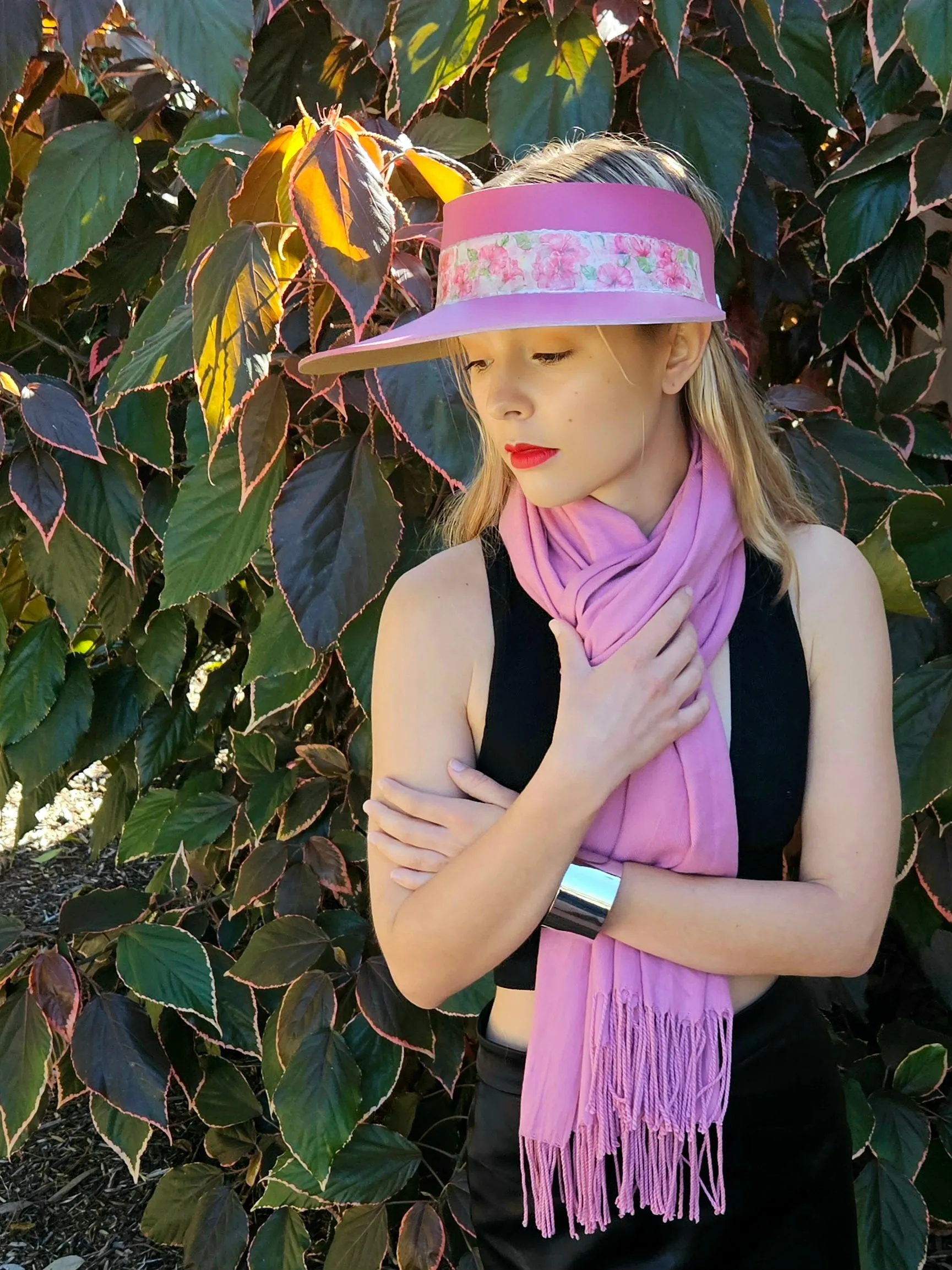 Pink "LadyEVA" Visor Hat with Bright Pink Floral Band