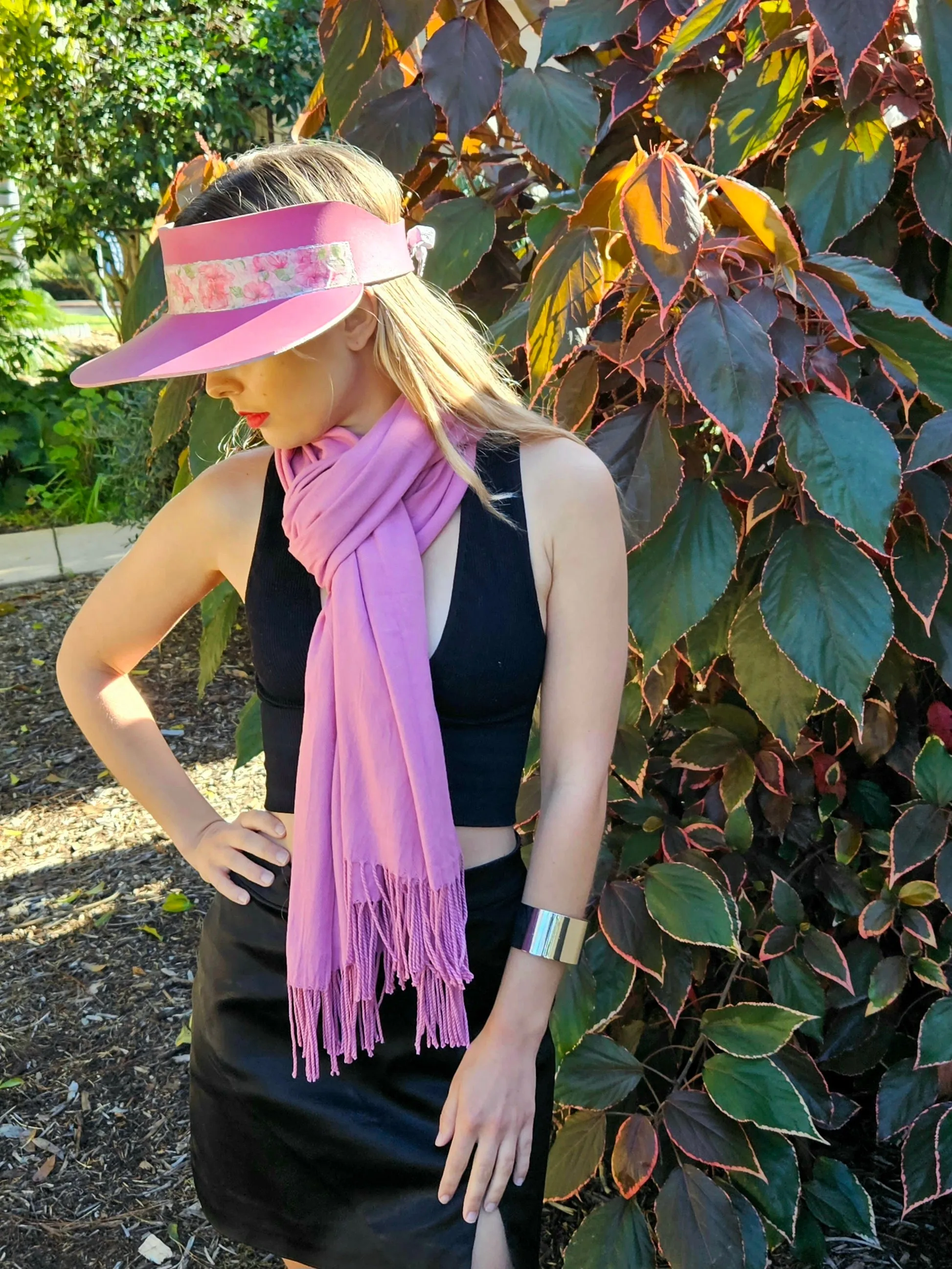 Pink "LadyEVA" Visor Hat with Bright Pink Floral Band