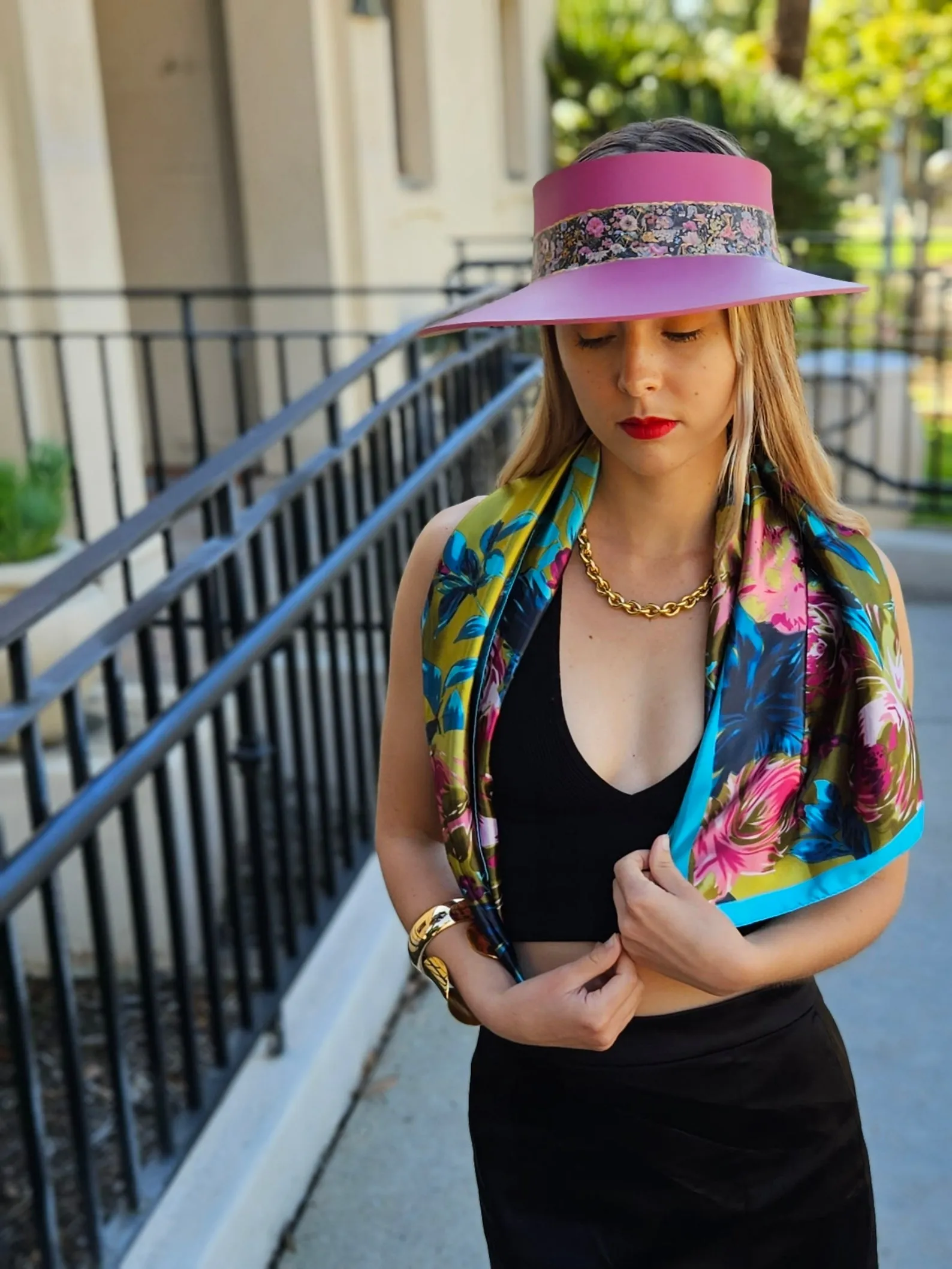 Pink "LadyEVA" Visor Hat with Dark Floral Band