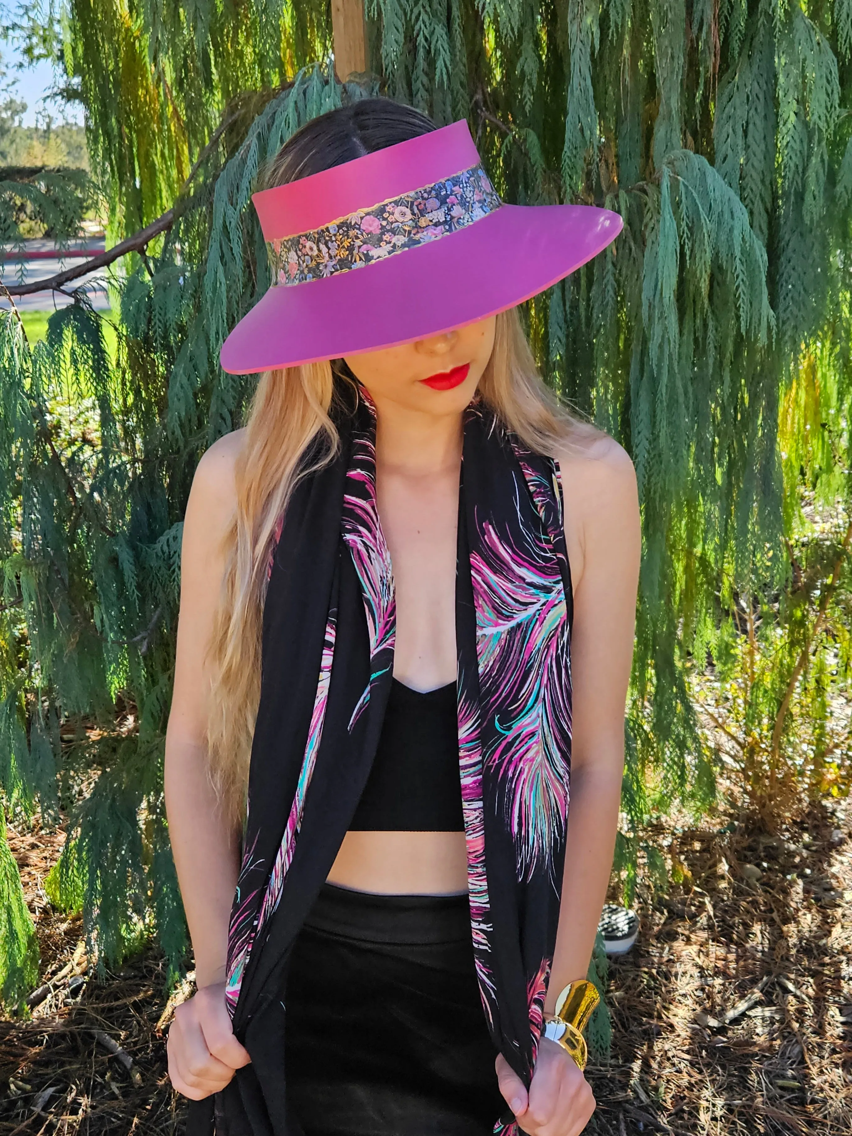 Pink "LadyEVA" Visor Hat with Dark Floral Band