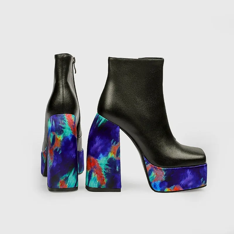 Printed Square Toe Platform Ankle Boots