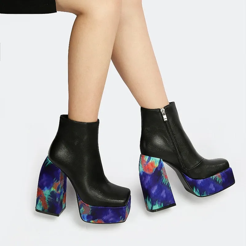 Printed Square Toe Platform Ankle Boots