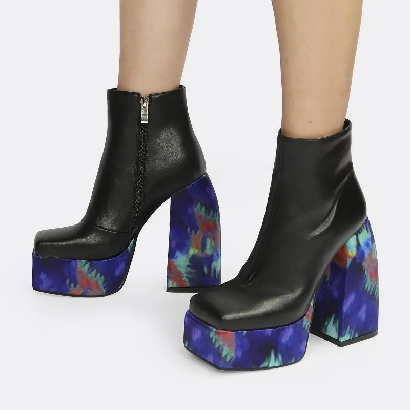 Printed Square Toe Platform Ankle Boots