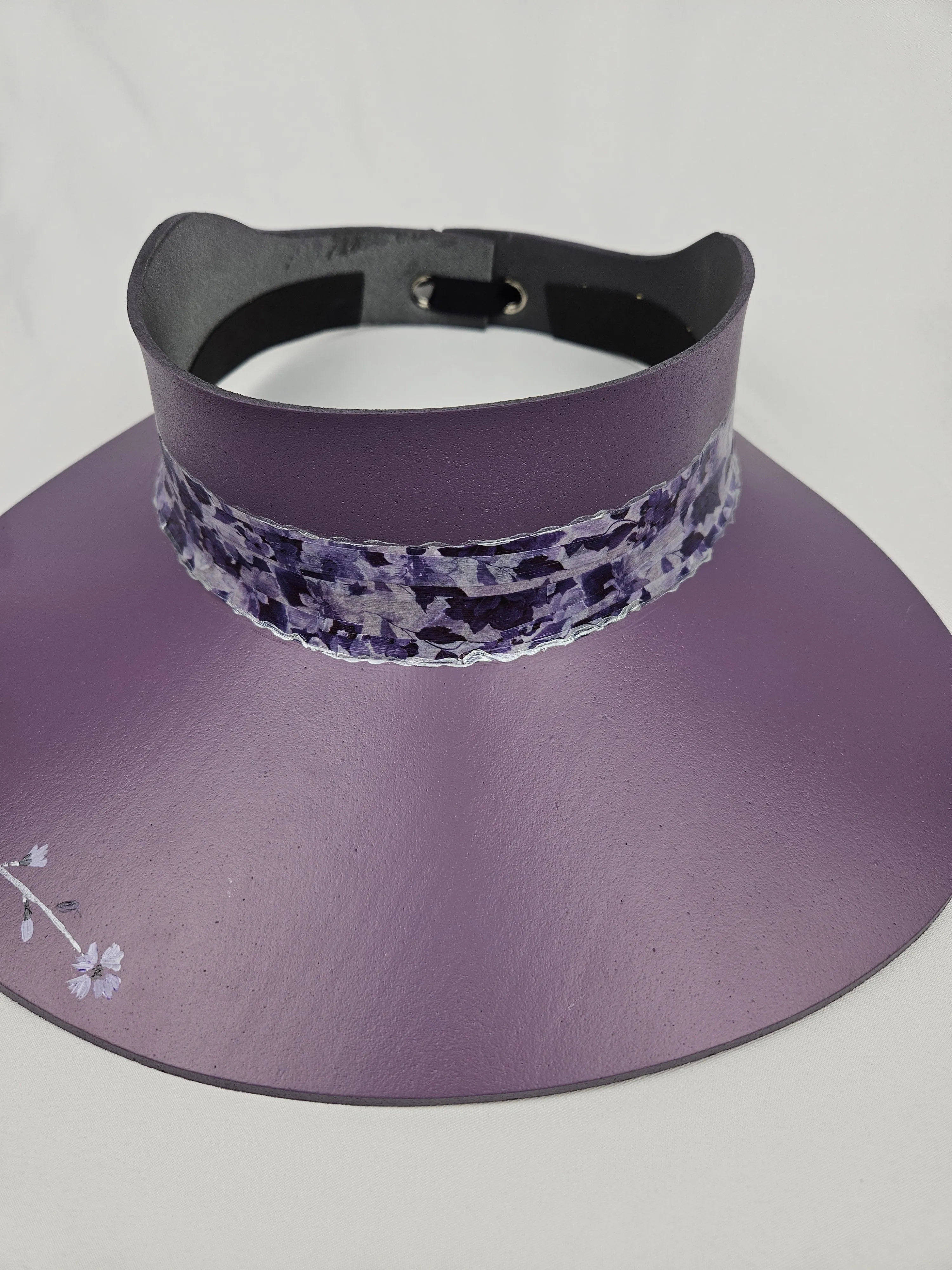 Purple LadyEVA Visor Hat with Dark Purple Floral Band and Handpainted Floral Motif