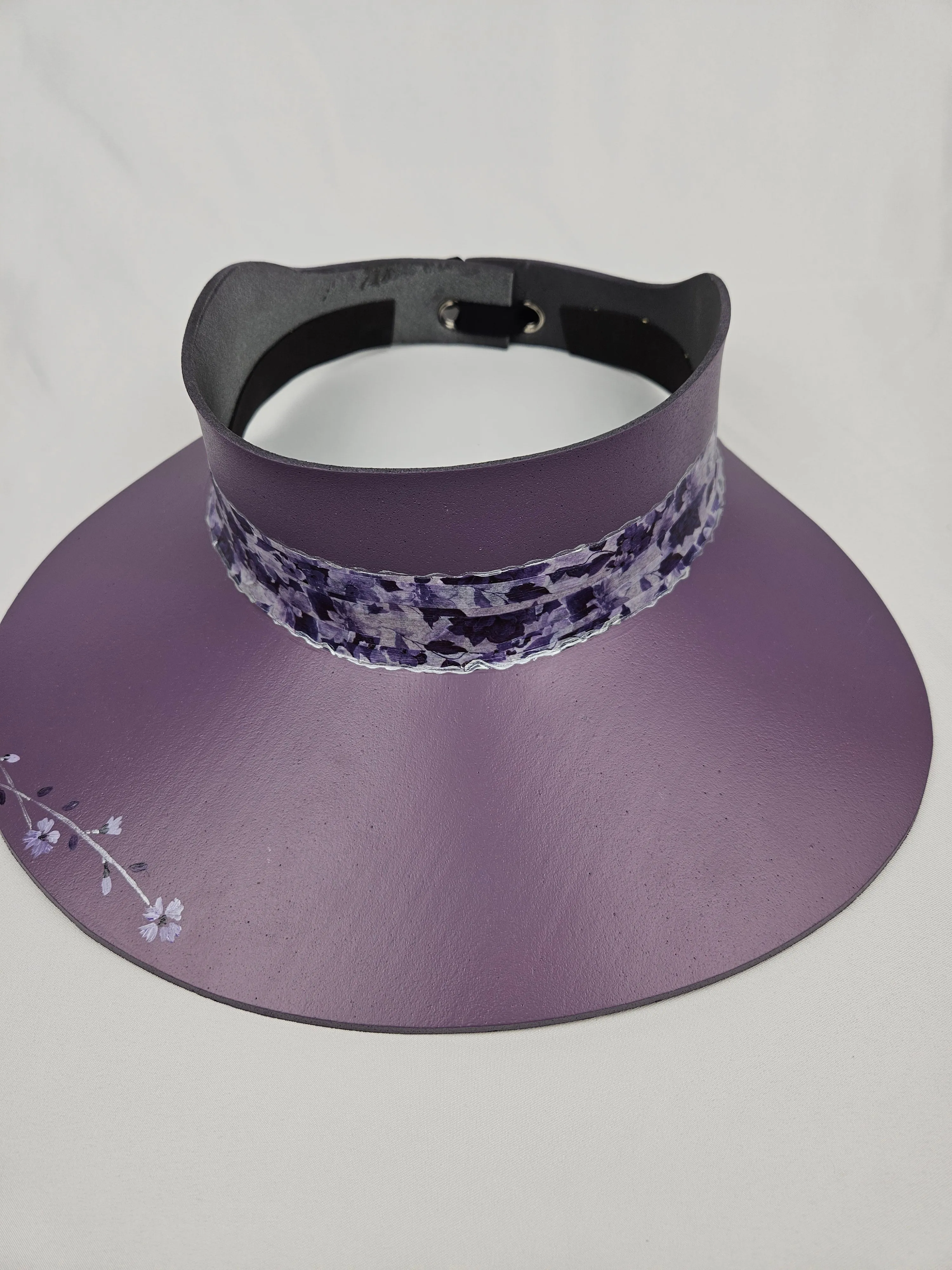 Purple LadyEVA Visor Hat with Dark Purple Floral Band and Handpainted Floral Motif