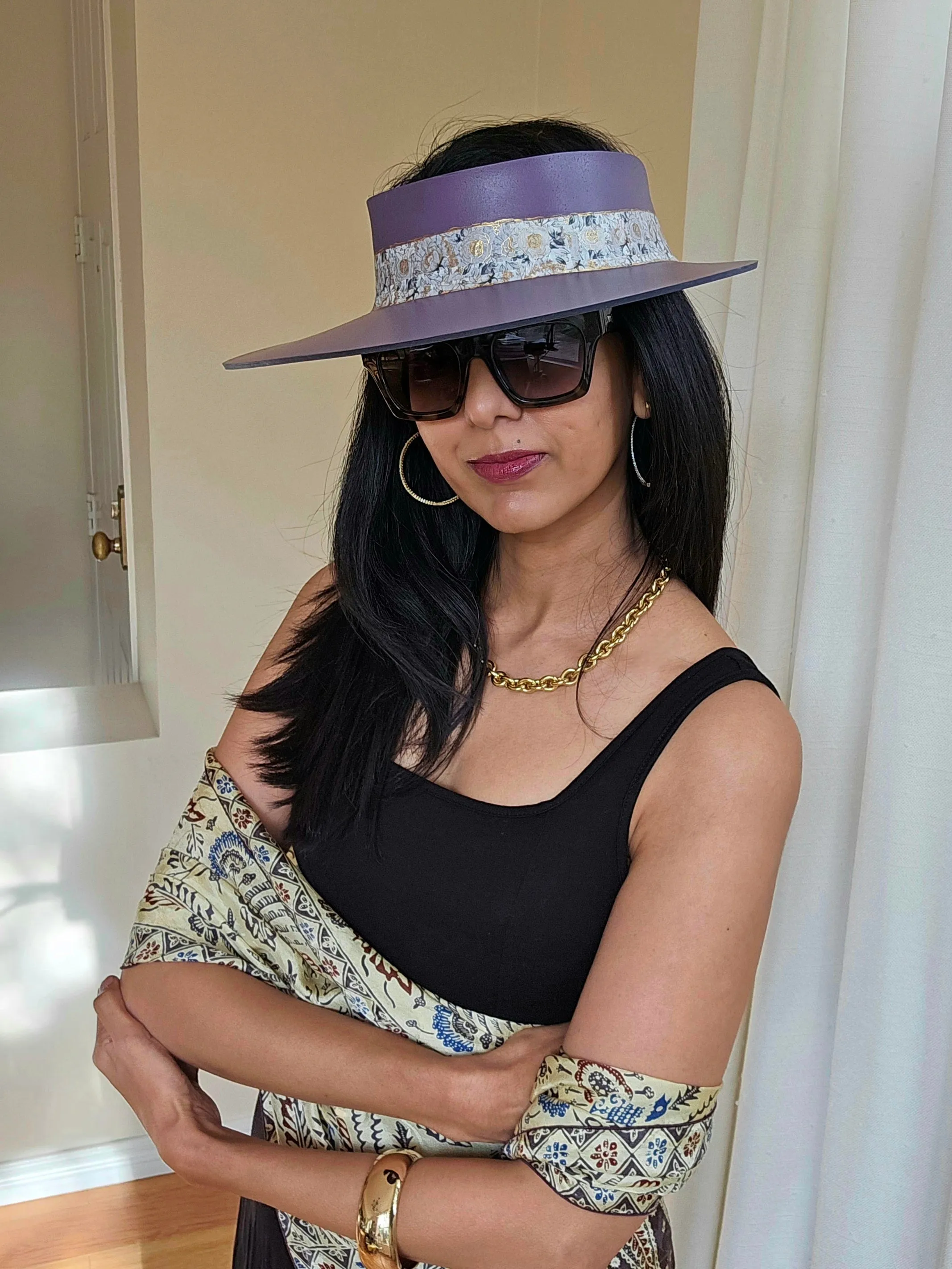 Purple "LadyEVA" Visor Hat with Elegant Golden Floral Band