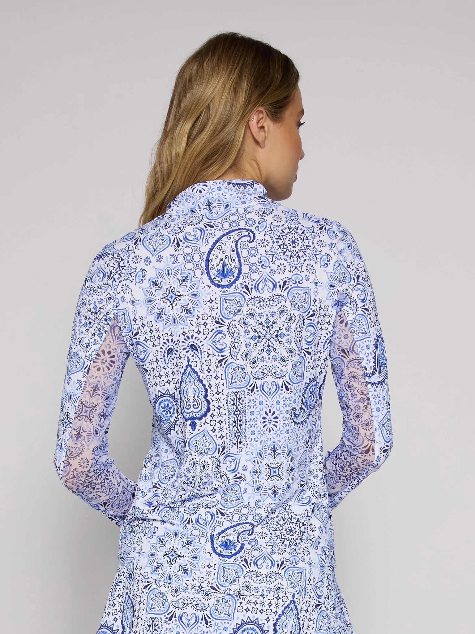 Quarter Zip Sun Protection Top In Blue Paisley