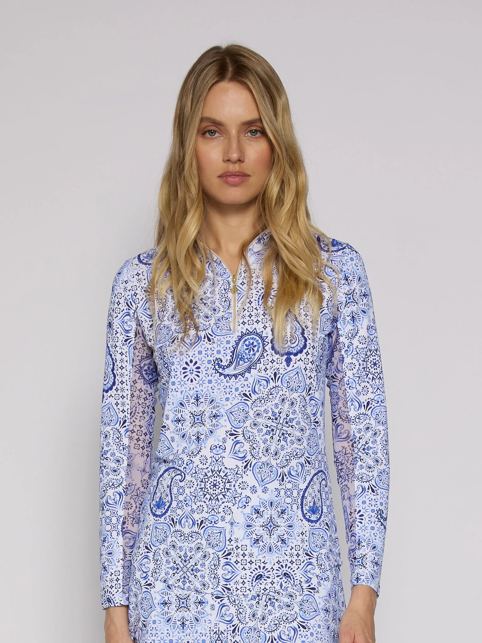 Quarter Zip Sun Protection Top In Blue Paisley