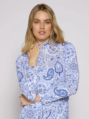 Quarter Zip Sun Protection Top In Blue Paisley