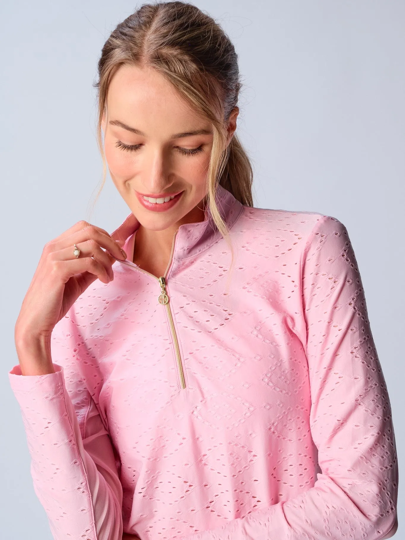 Quarter Zip Sun Protection Top In Pink Eyelet