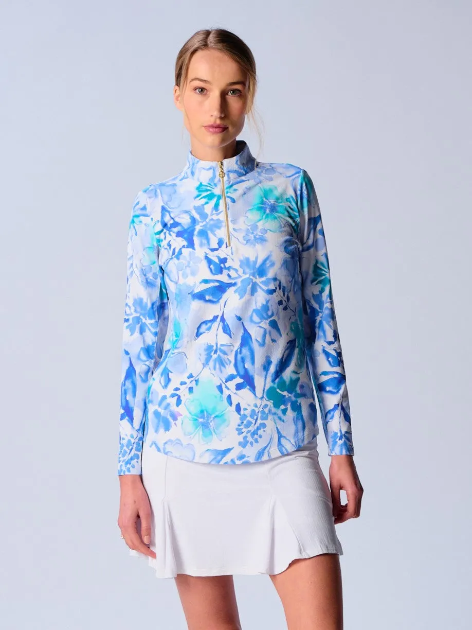 Quarter Zip Sun Protection Top In Watercolor Flower